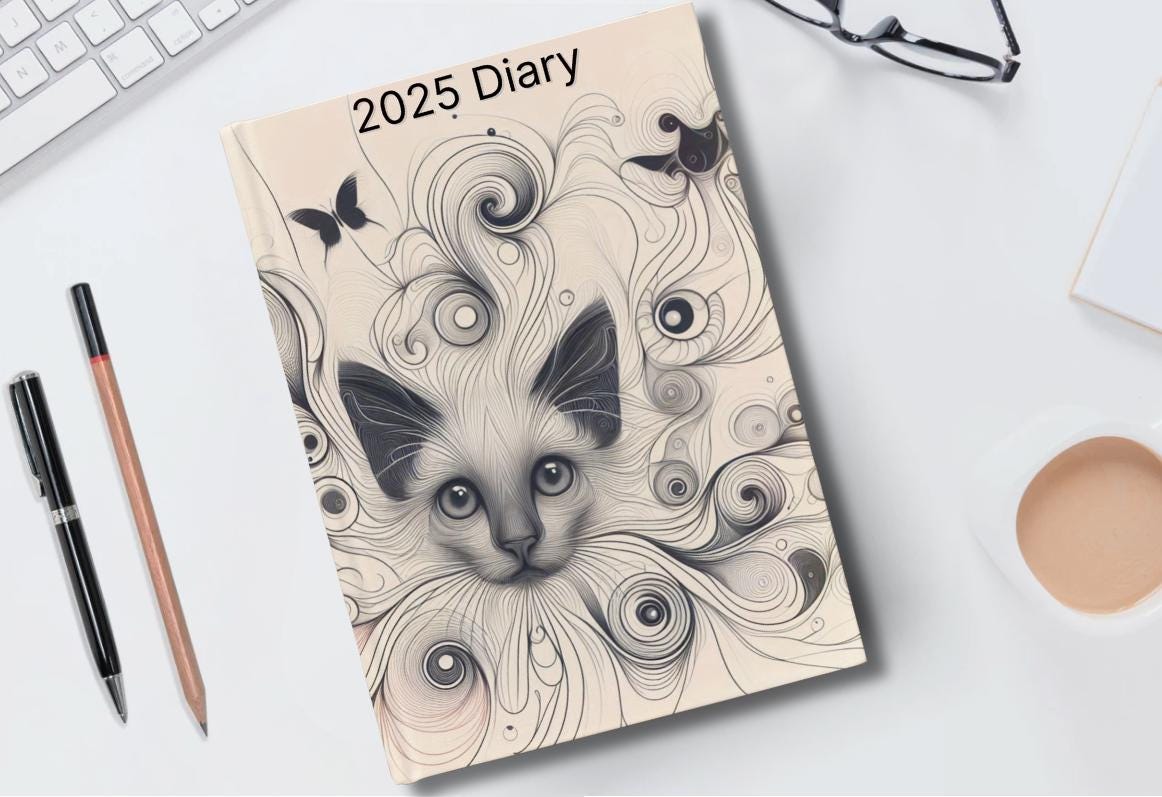 2025 Diary - week to view, Hardcover, Neurographic design, cat version, A5 Thread-Sewn Journal with 100gsm Paper