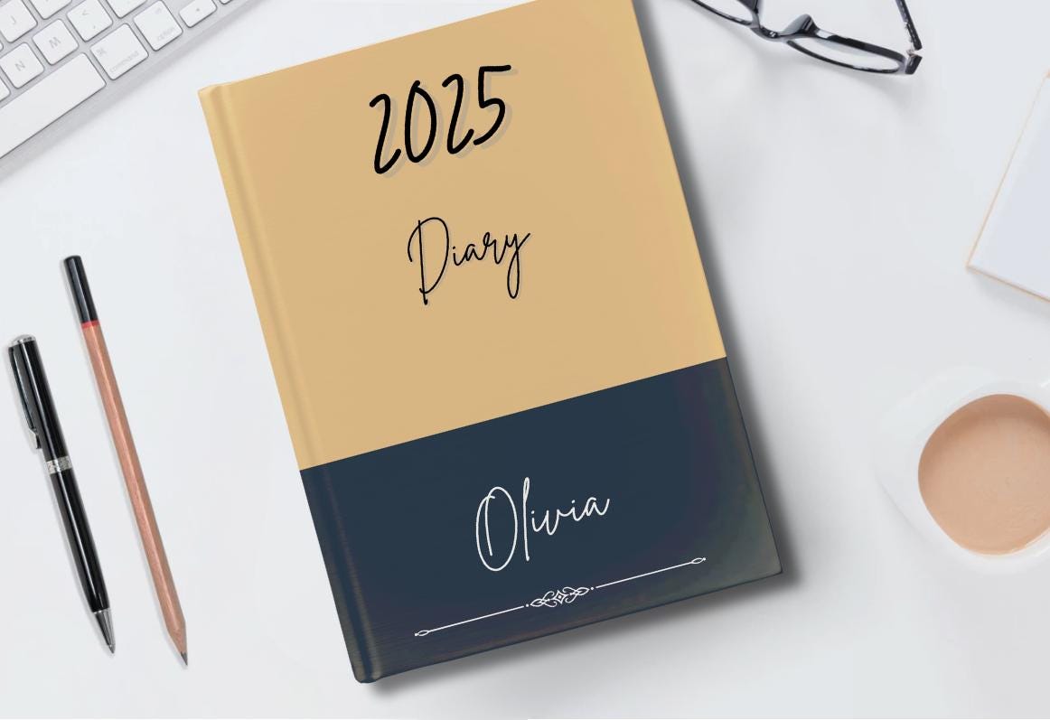 Personalised 2025 Diary - week to view, Hardcover, Two tone, 3 colour choices, A5 Thread-Sewn Journal with 100gsm Paper