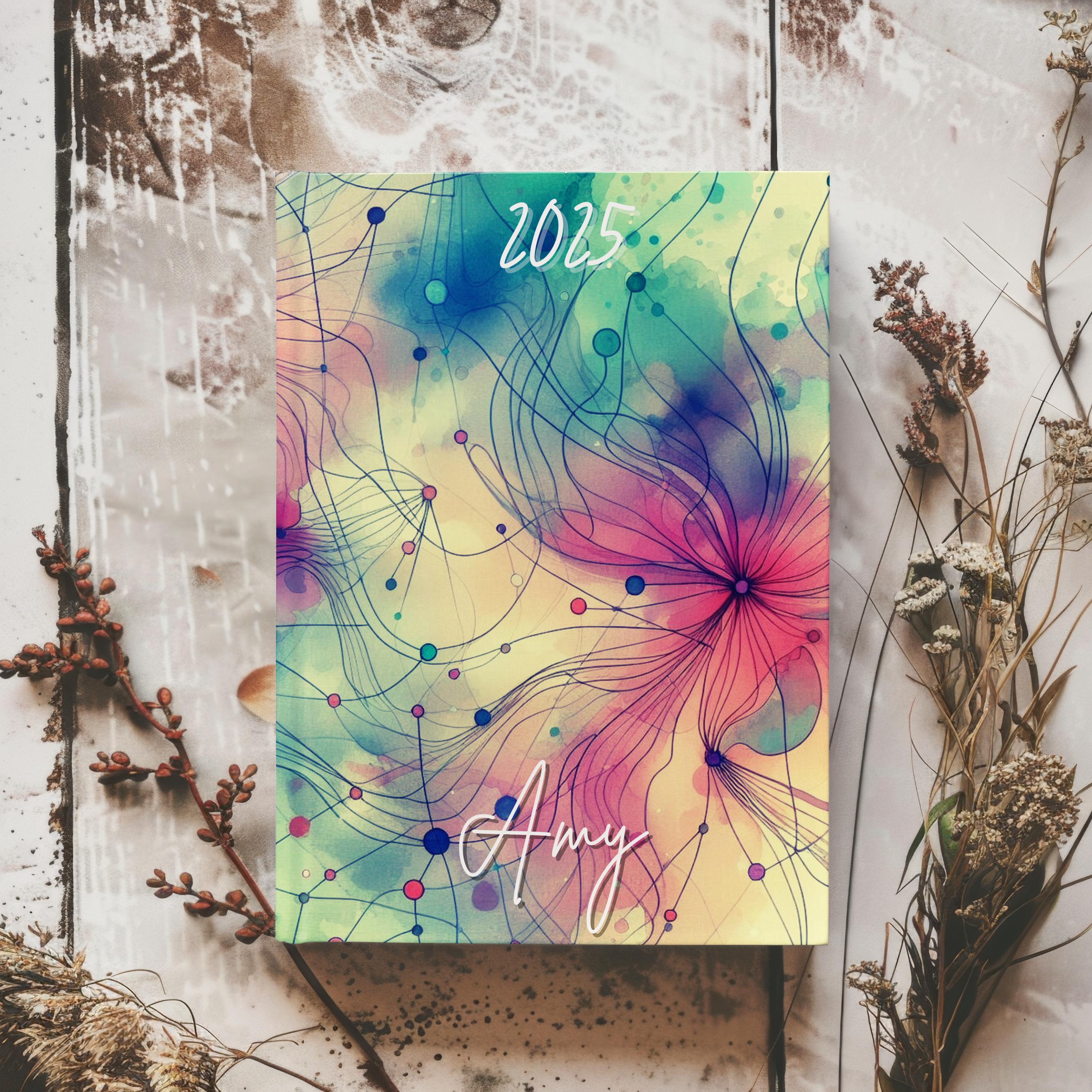 Personalised 2025 Diary - week to view, Hardcover, abstract, 3 colour choices, A5 Thread-Sewn Journal with 100gsm Paper