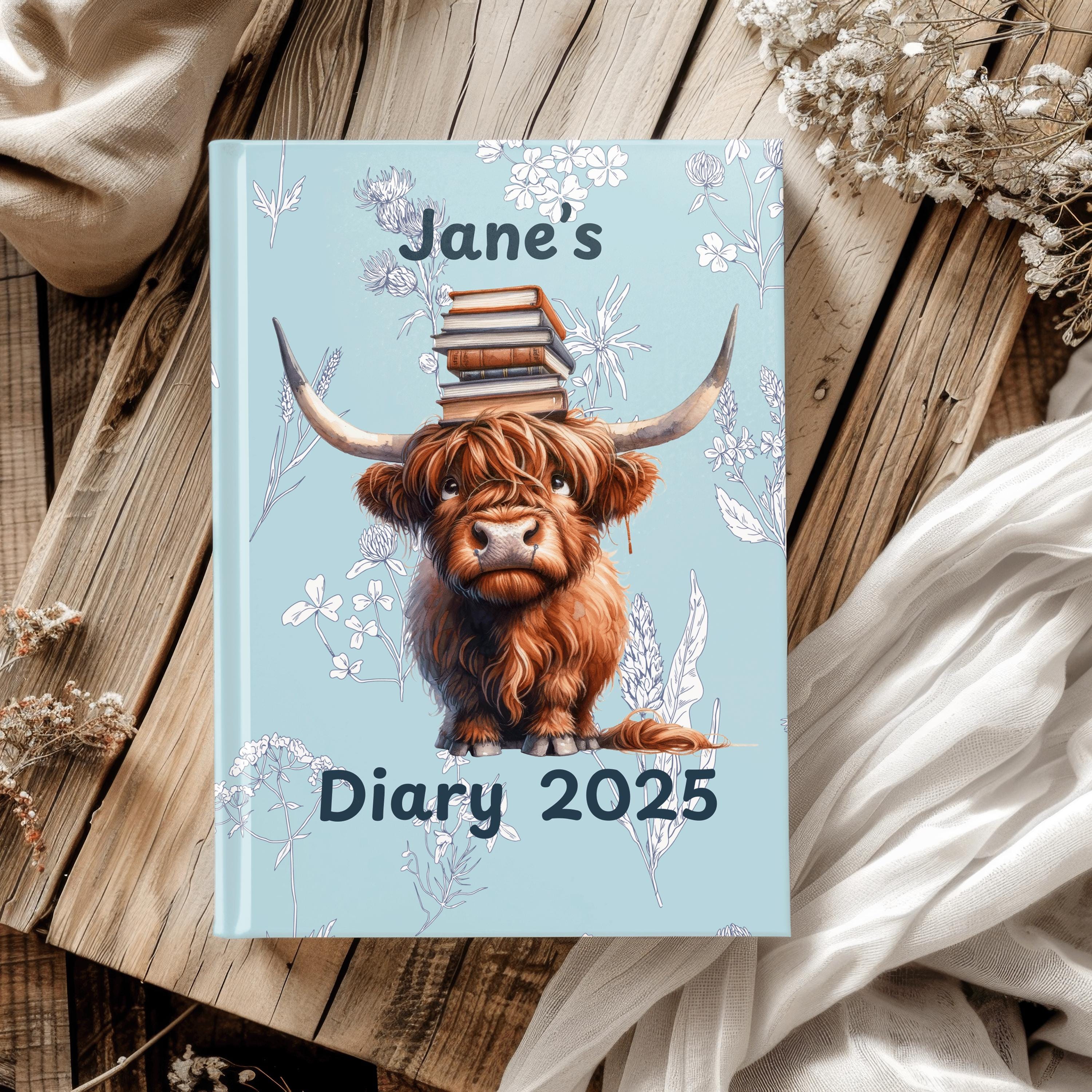 Highland Cow Personalised 2025 Diary - books version, week to view, Hardcover, A5 Thread-Sewn Journal with 100gsm Paper