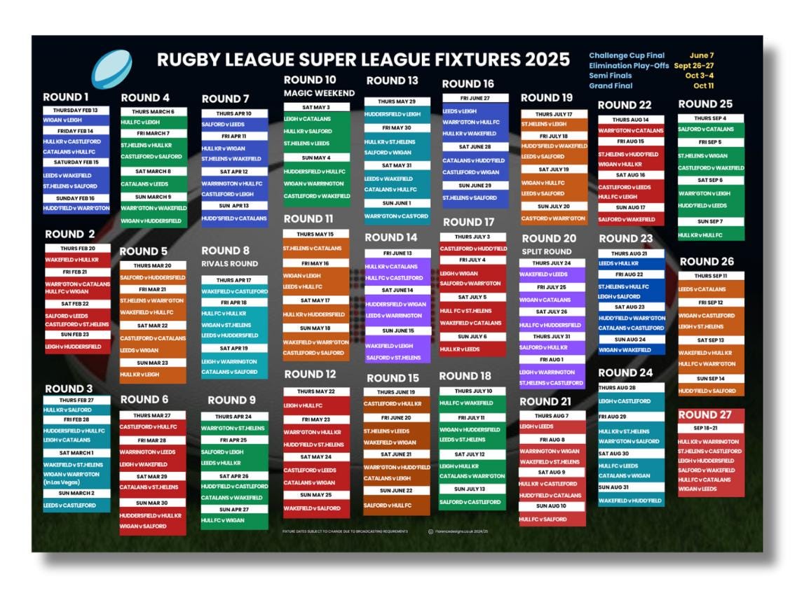 Rugby League Super League fixtures Poster 2025 match schedule- A1 & A2 Sizes