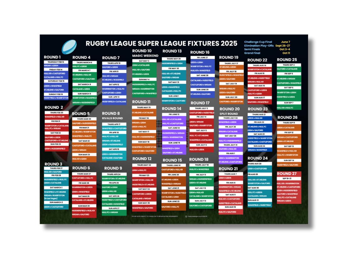 Rugby League Super League fixtures Poster 2025 match schedule- A1 & A2 Sizes