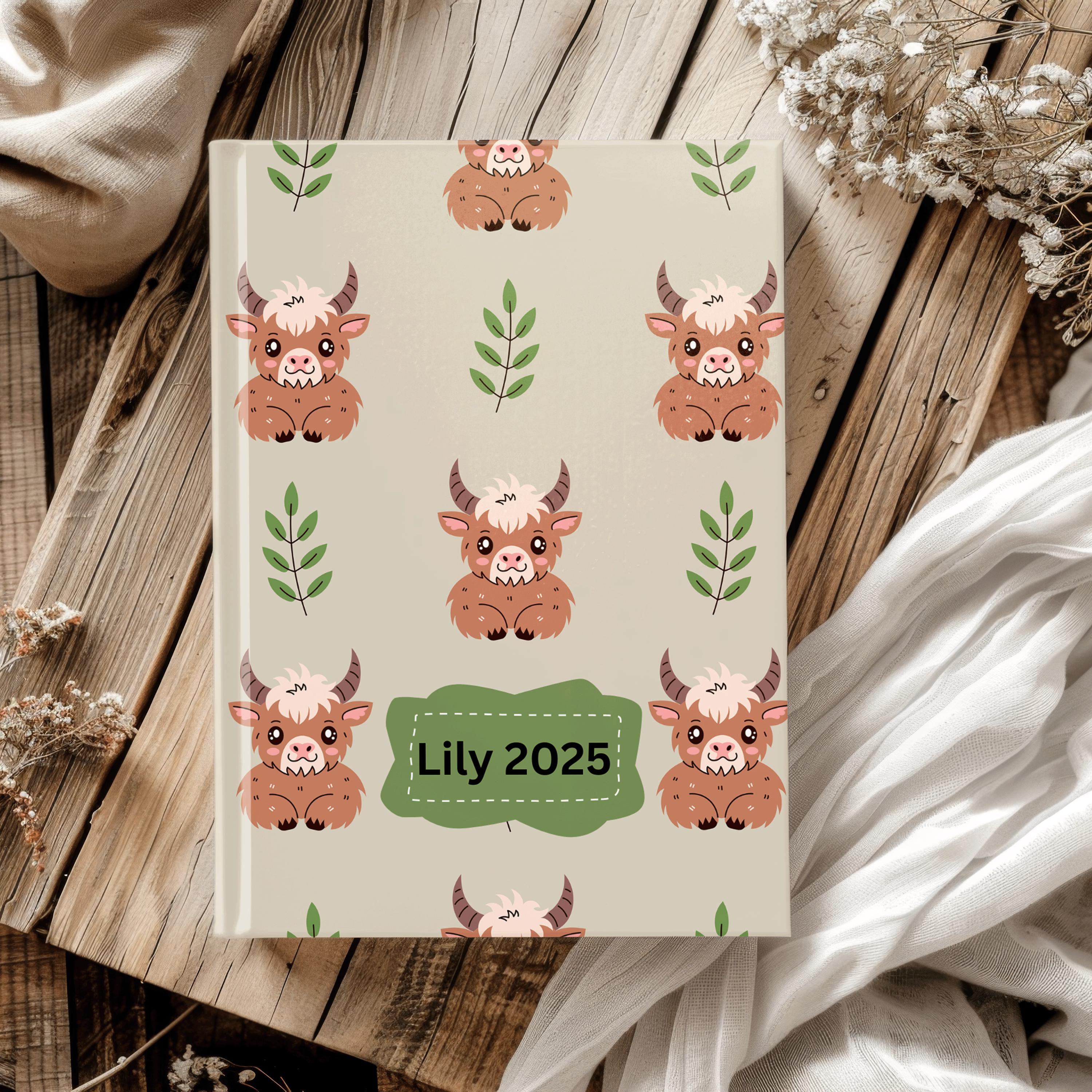 Personalised 2025 Diary - highland cow version, week to view, Hardcover, A5 Thread-Sewn Journal with 100gsm Paper