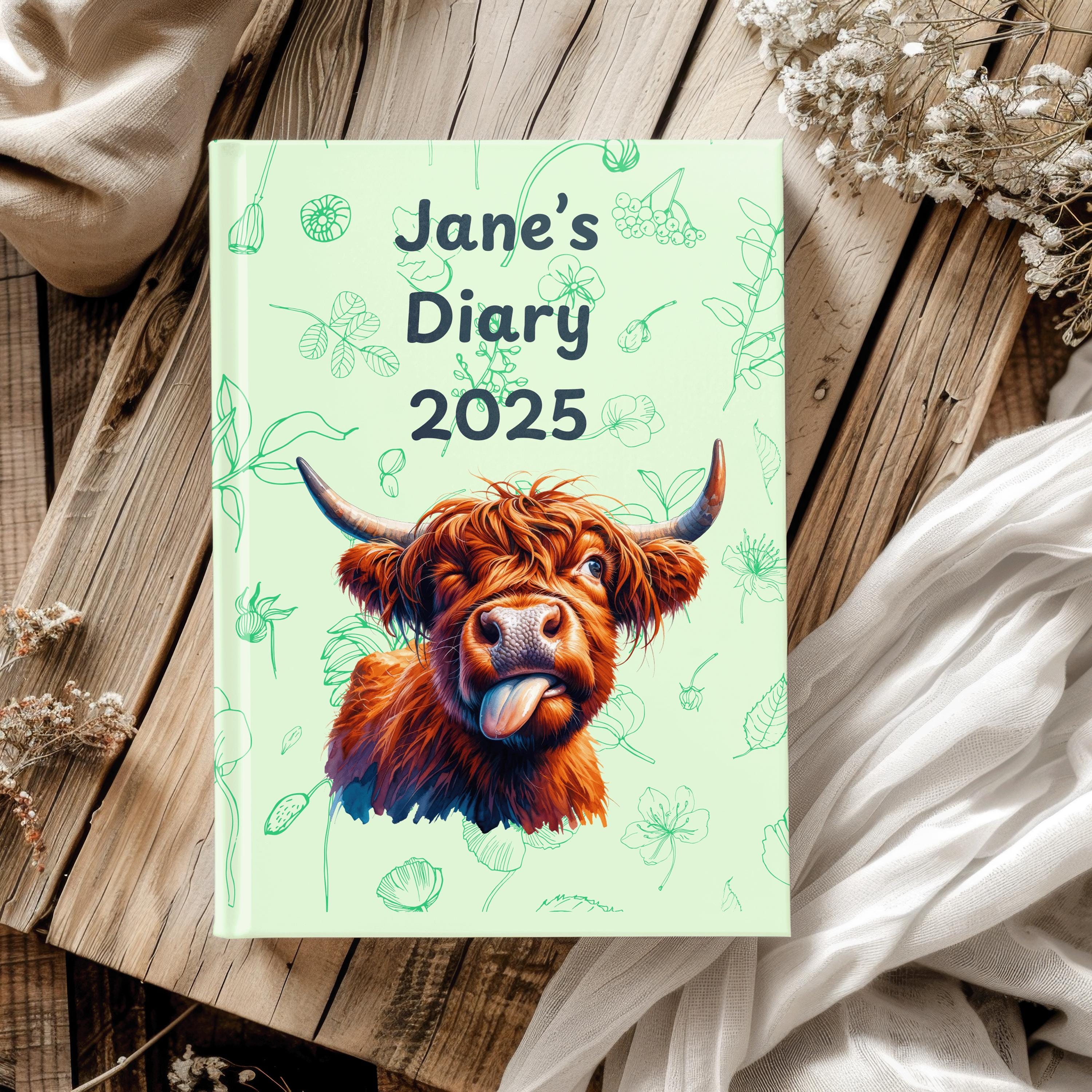 Highland Cow Personalised 2025 Diary - funny tongue version week to view, Hardcover, A5 Thread-Sewn Journal with 100gsm Paper