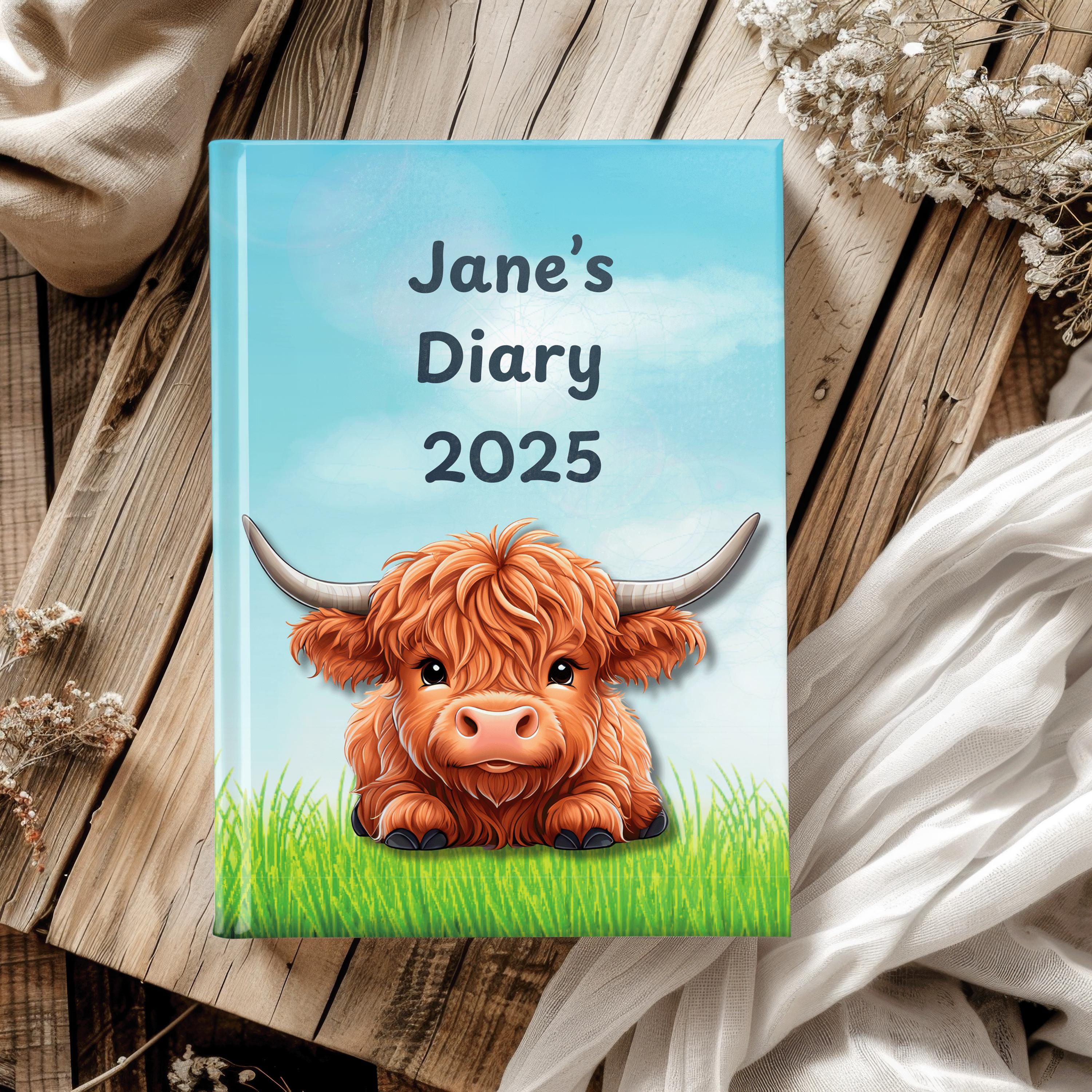 Highland Cow Personalised 2025 Diary - cute baby version week to view, Hardcover, A5 Thread-Sewn Journal with 100gsm Paper