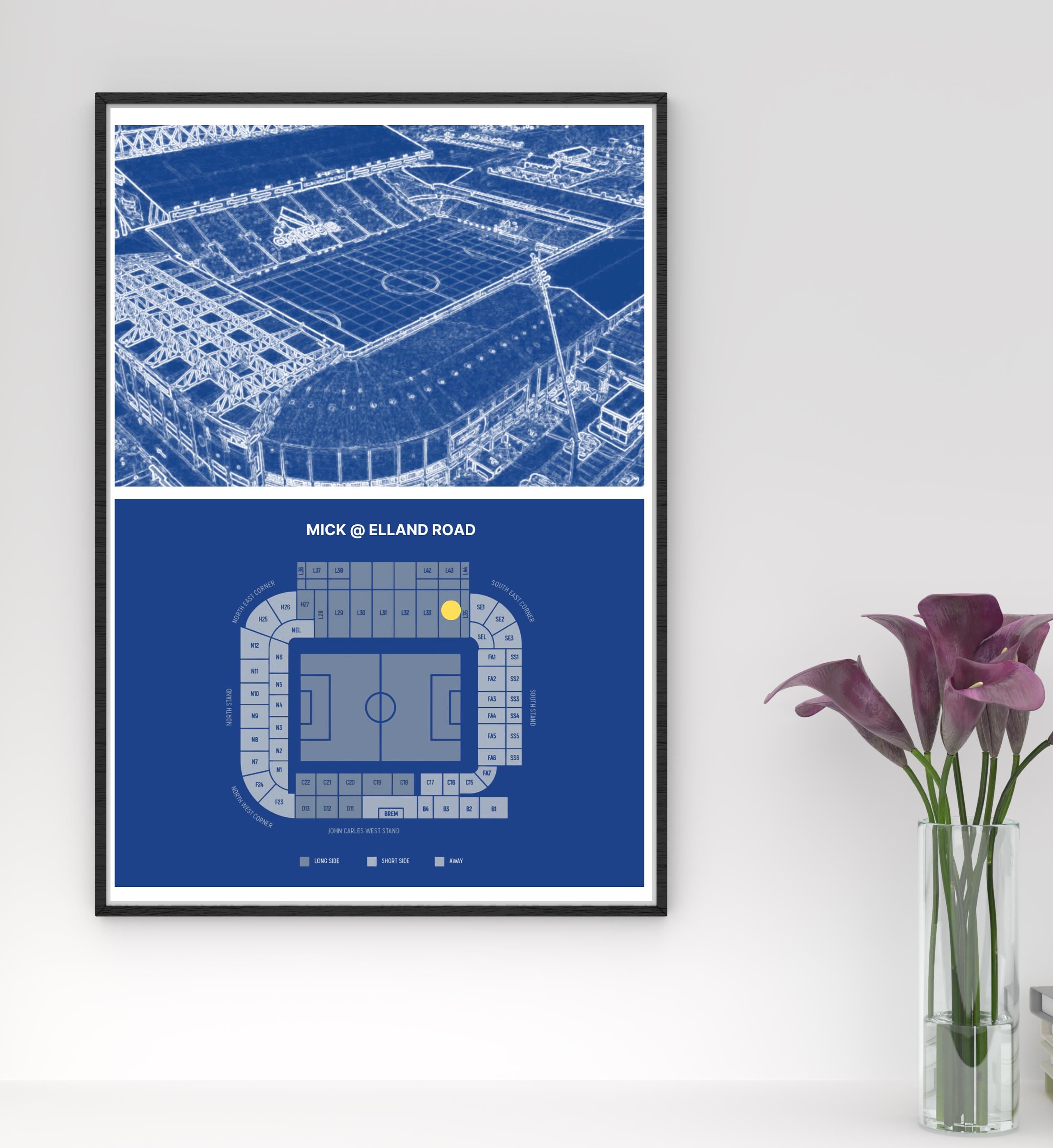 Personalised Football Stadium print , Elland Road, Leeds, blueprint type and seating plan, your name and seat