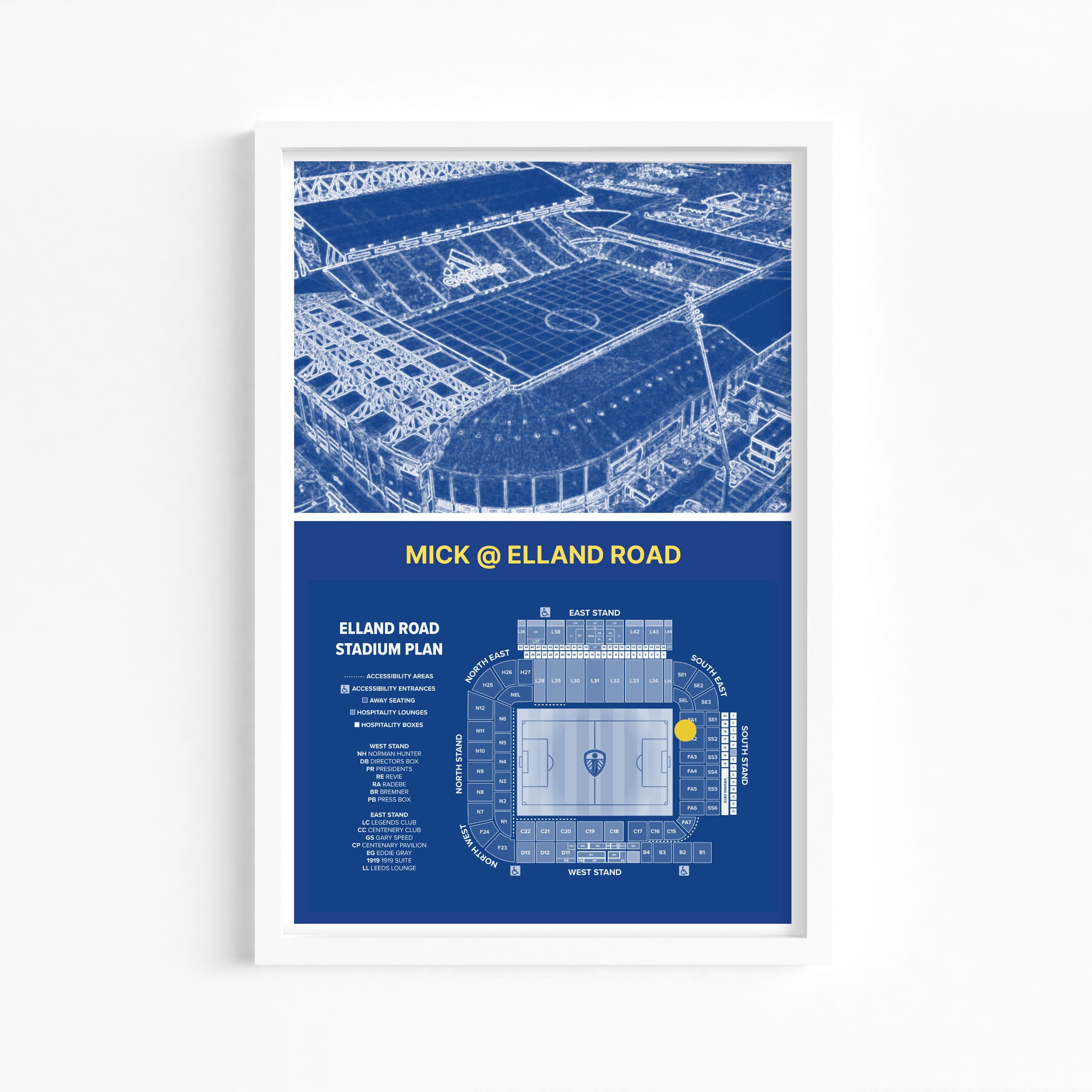 Personalised Football Stadium print , Elland Road, Leeds, blueprint type and seating plan, your name and seat