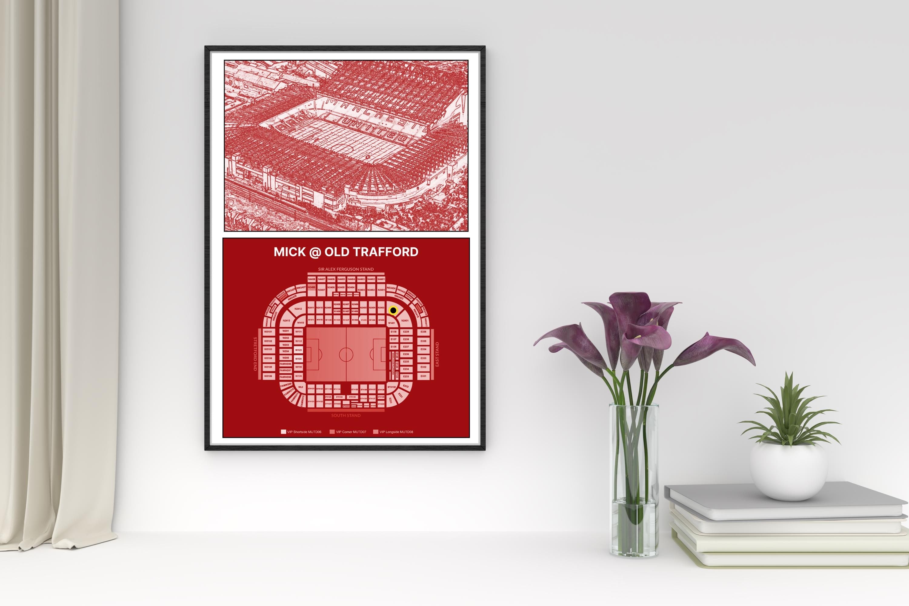 Personalised Football Stadium print , Old Trafford, Manchester, blueprint type and seating plan, your name and seat