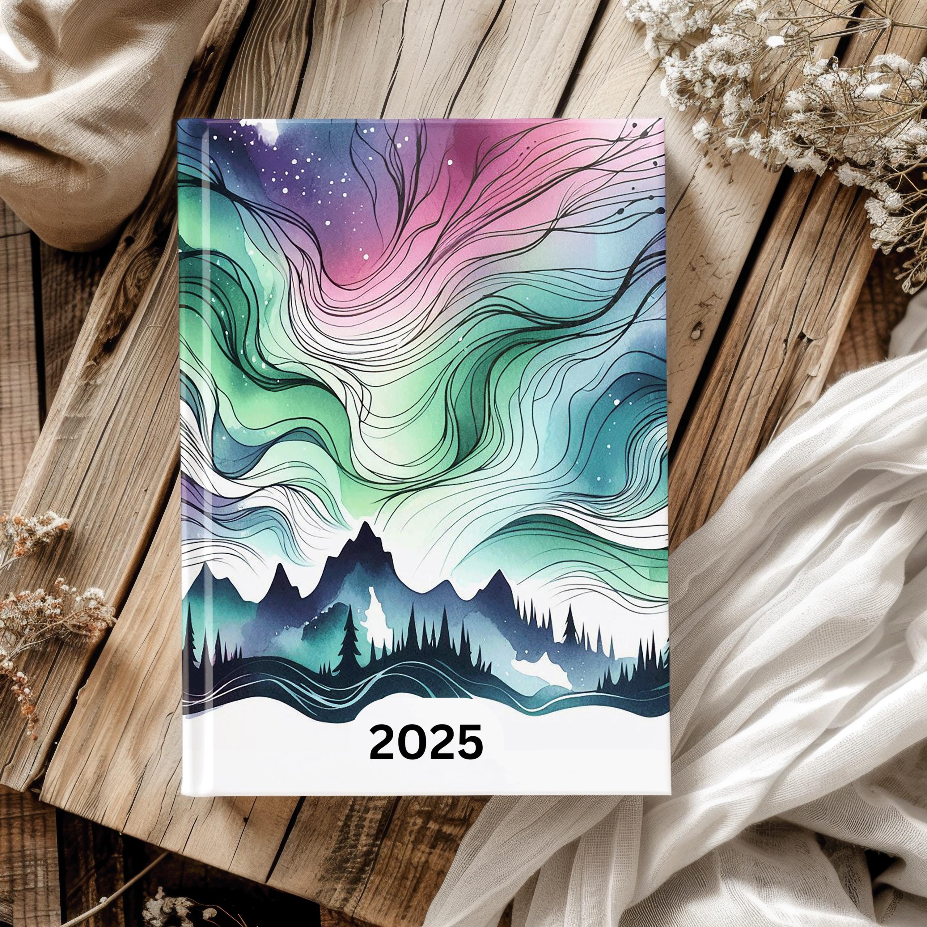 2025 Diary - week to view, Hardcover, Northern lights, A5 Thread-Sewn Journal with 100gsm Paper