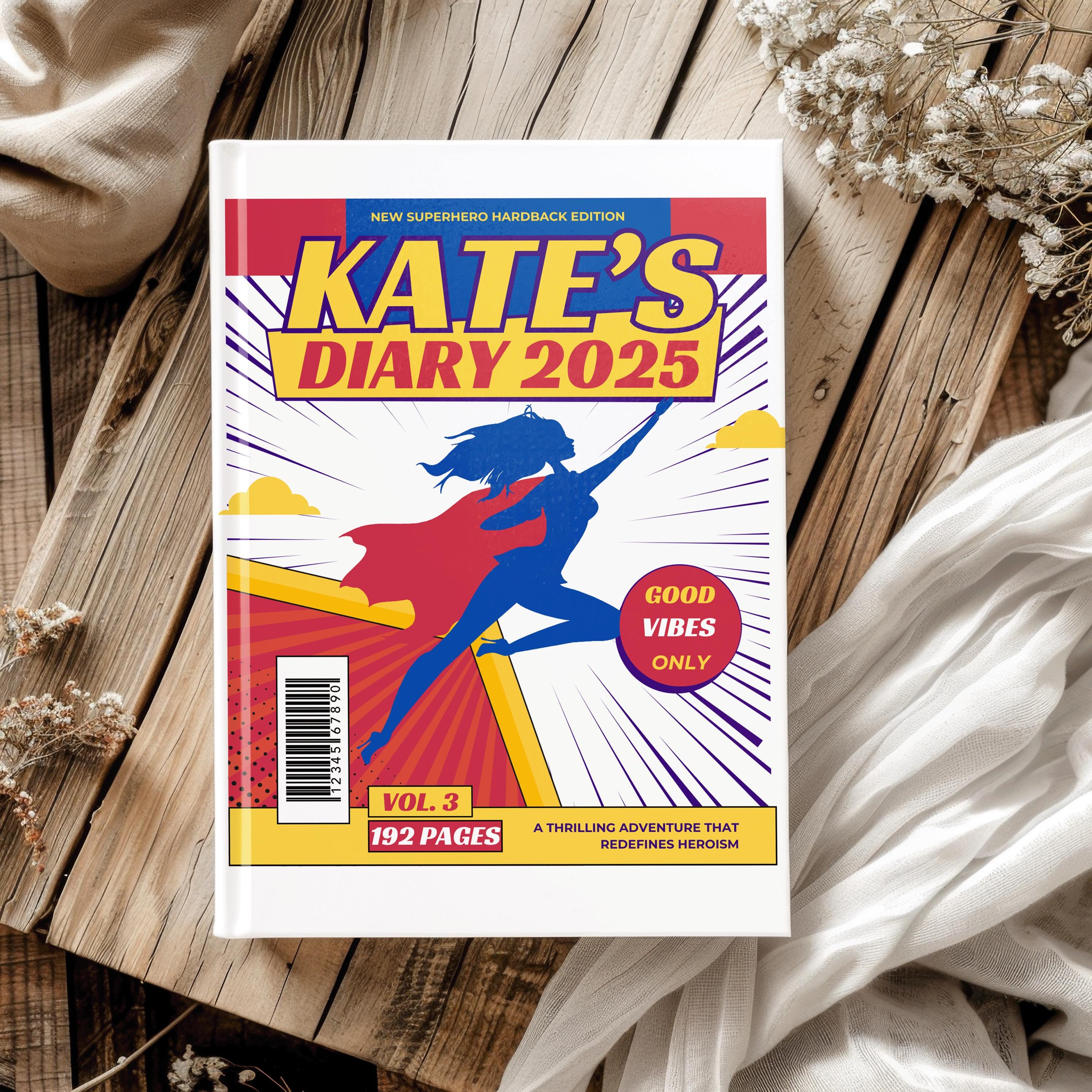 Personalised 2025 Diary, Comic book style - week to view, Hardcover, 3 cover choices, A5 Thread-Sewn Journal with 100gsm Paper