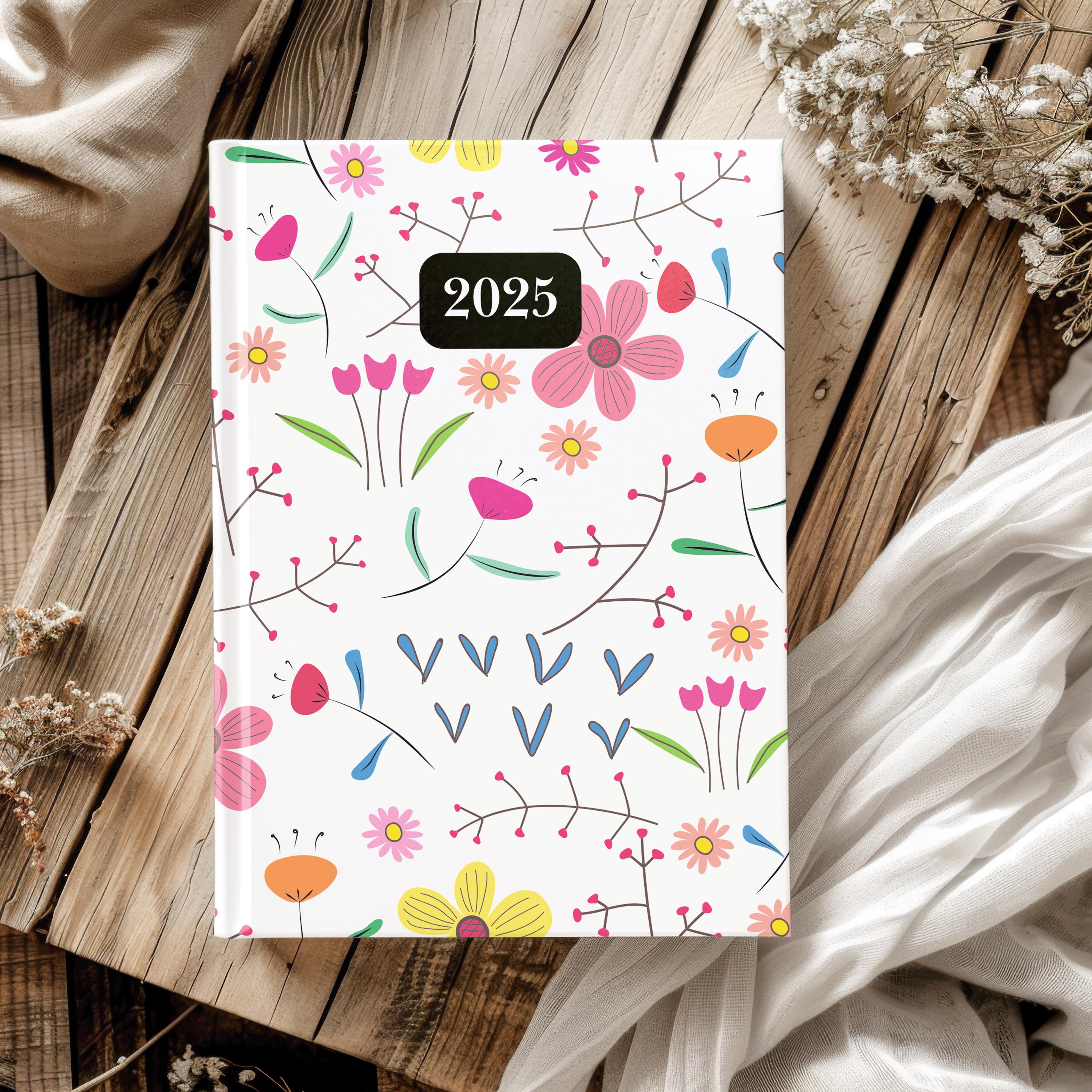 2025 Diary - week to view, Hardcover, flowers, A5 Thread-Sewn Journal with 100gsm Paper