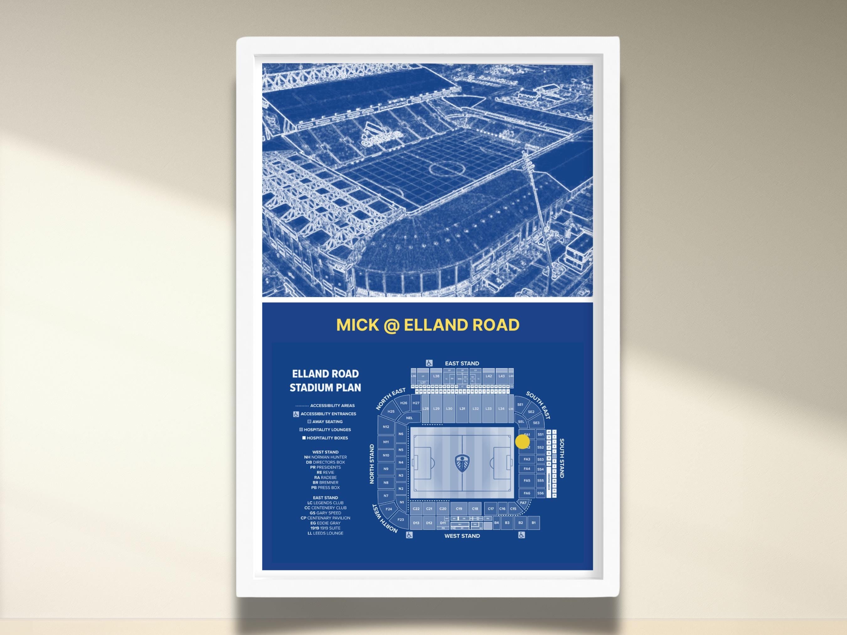 Personalised Football Stadium print , Elland Road, Leeds, blueprint type and seating plan, your name and seat