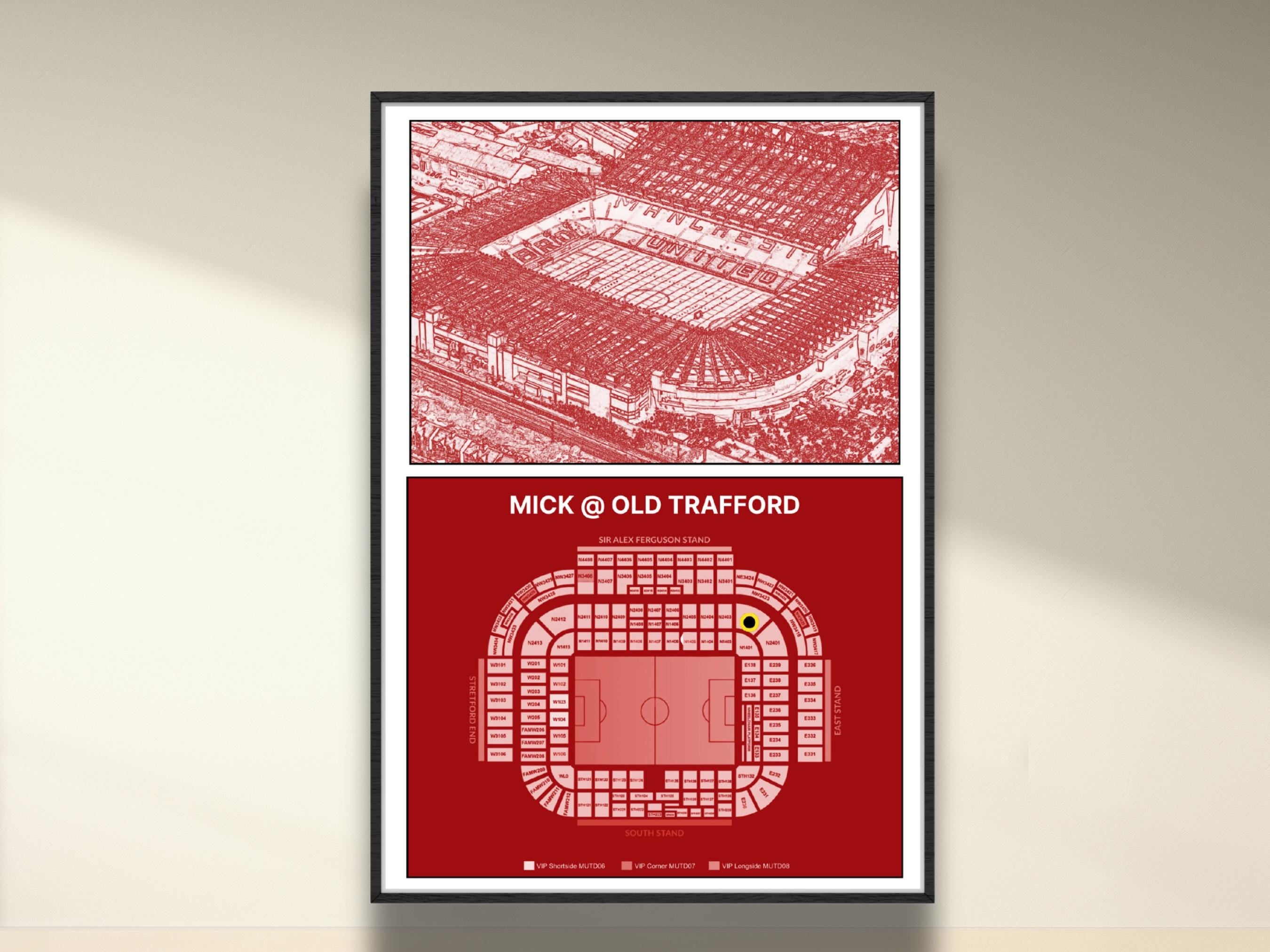 Personalised Football Stadium print , Old Trafford, Manchester, blueprint type and seating plan, your name and seat