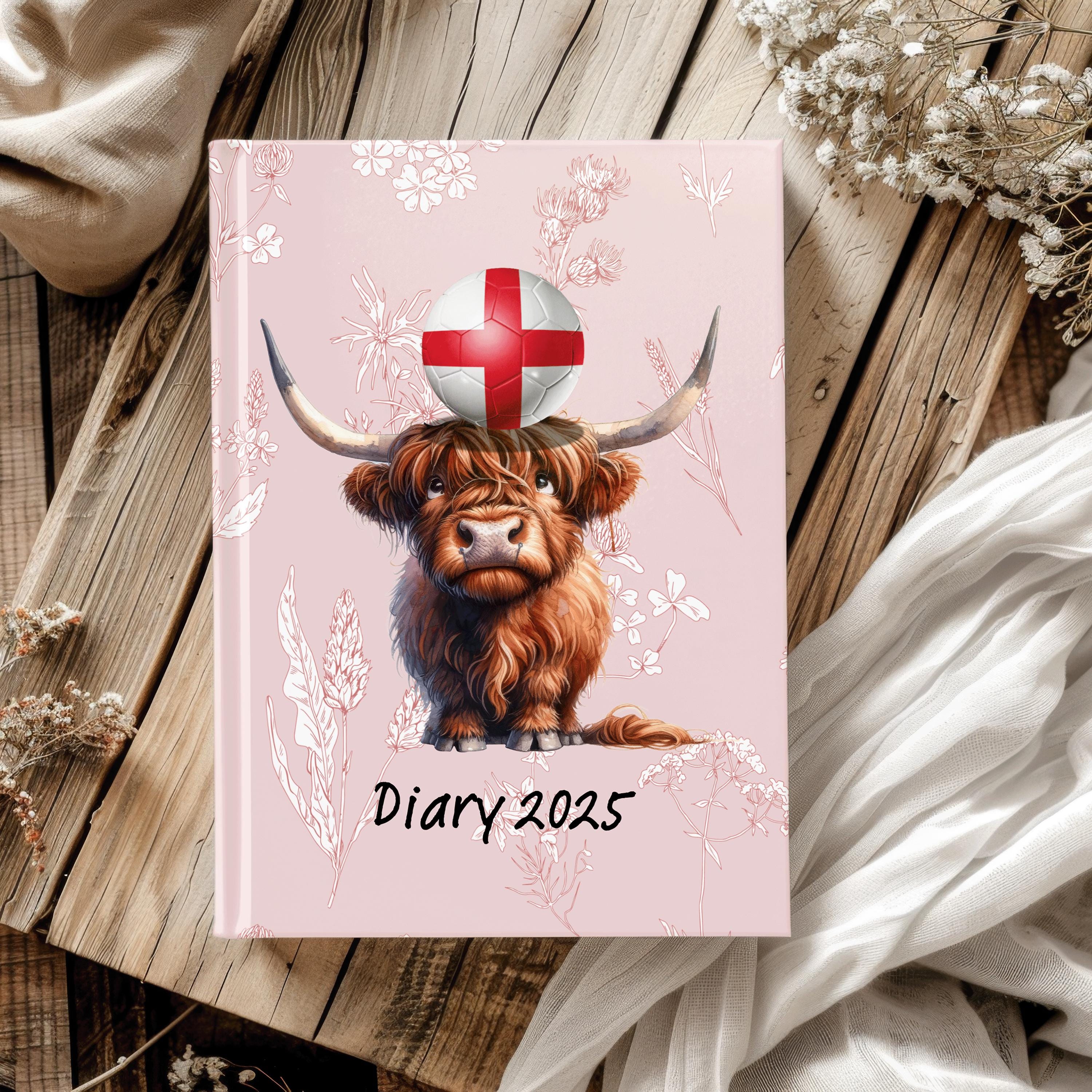 Highland Cow Personalised 2025 Diary - Euros England, soccer ball version, week to view, Hardcover, A5 Thread-Sewn Journal