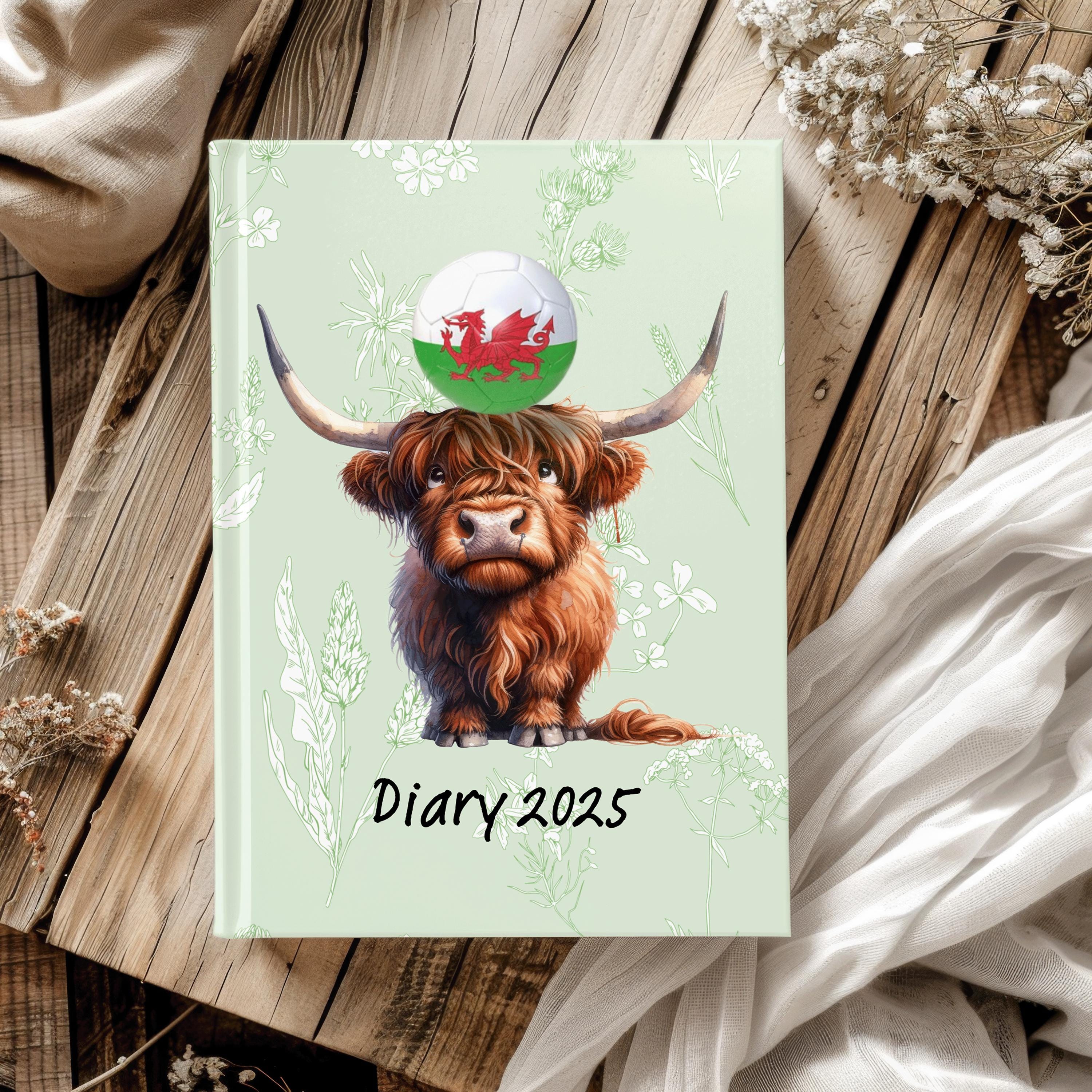 Highland Cow Personalised 2025 Diary - Euros, Welsh soccer ball version, week to view, Hardcover, A5 Thread-Sewn Journal