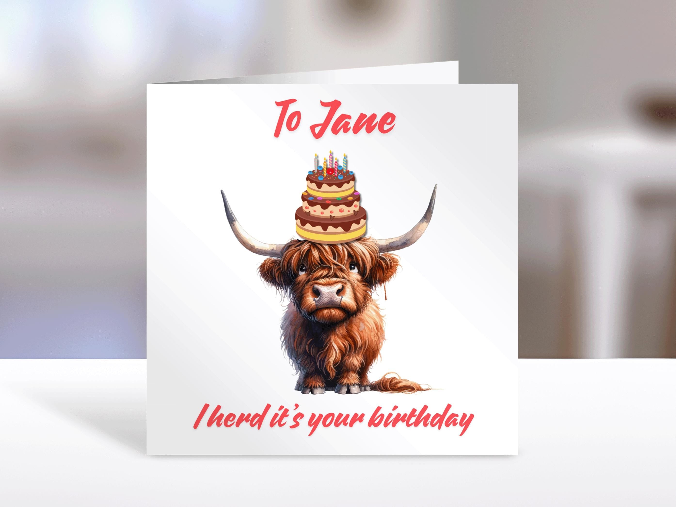 Highland cow Birthday card, personalised name, humorous greeting cards