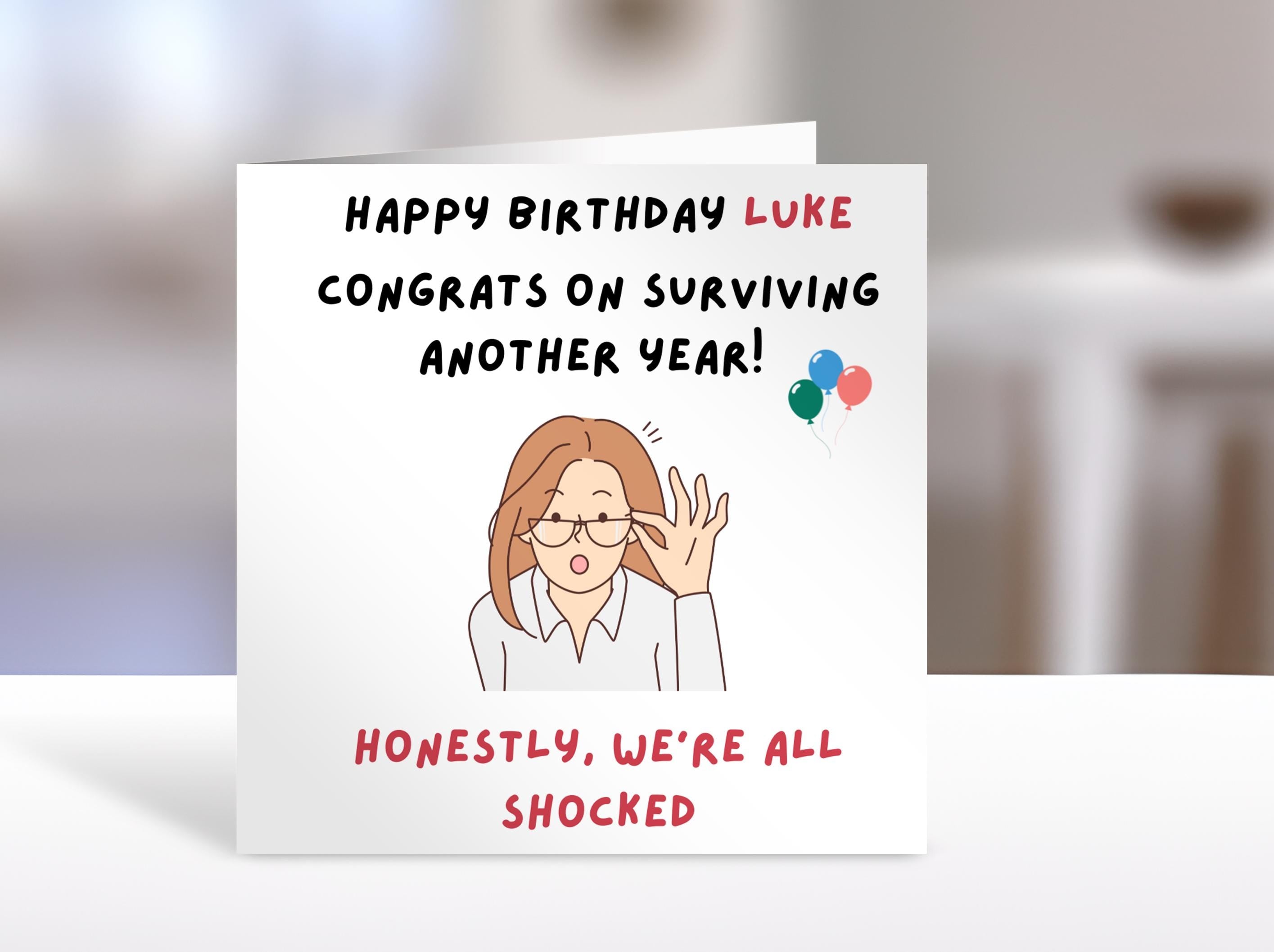 Birthday card, personalised name, shocked congratulations, humorous greeting cards