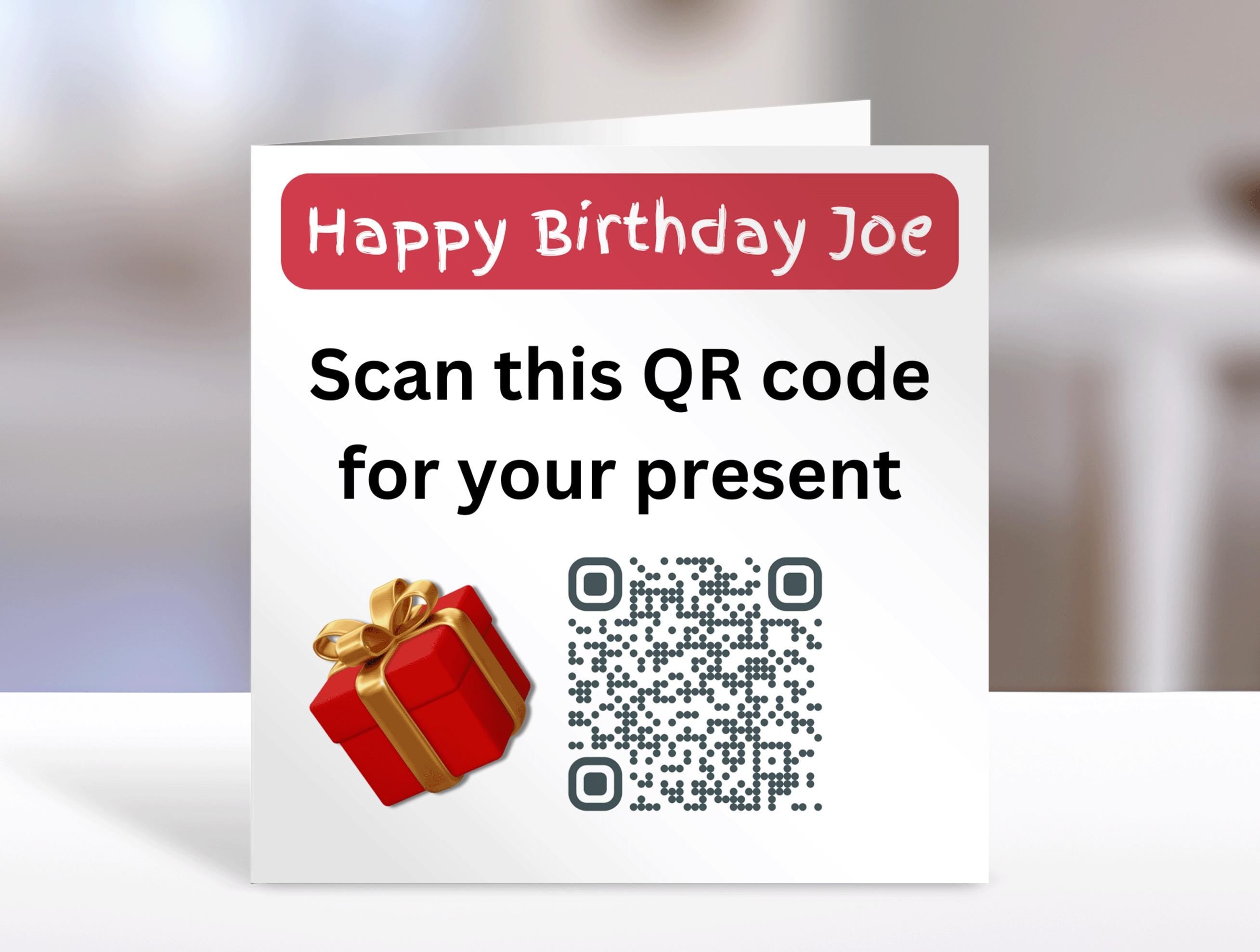 Birthday card, personalised name, fake present QR code, humorous greeting cards