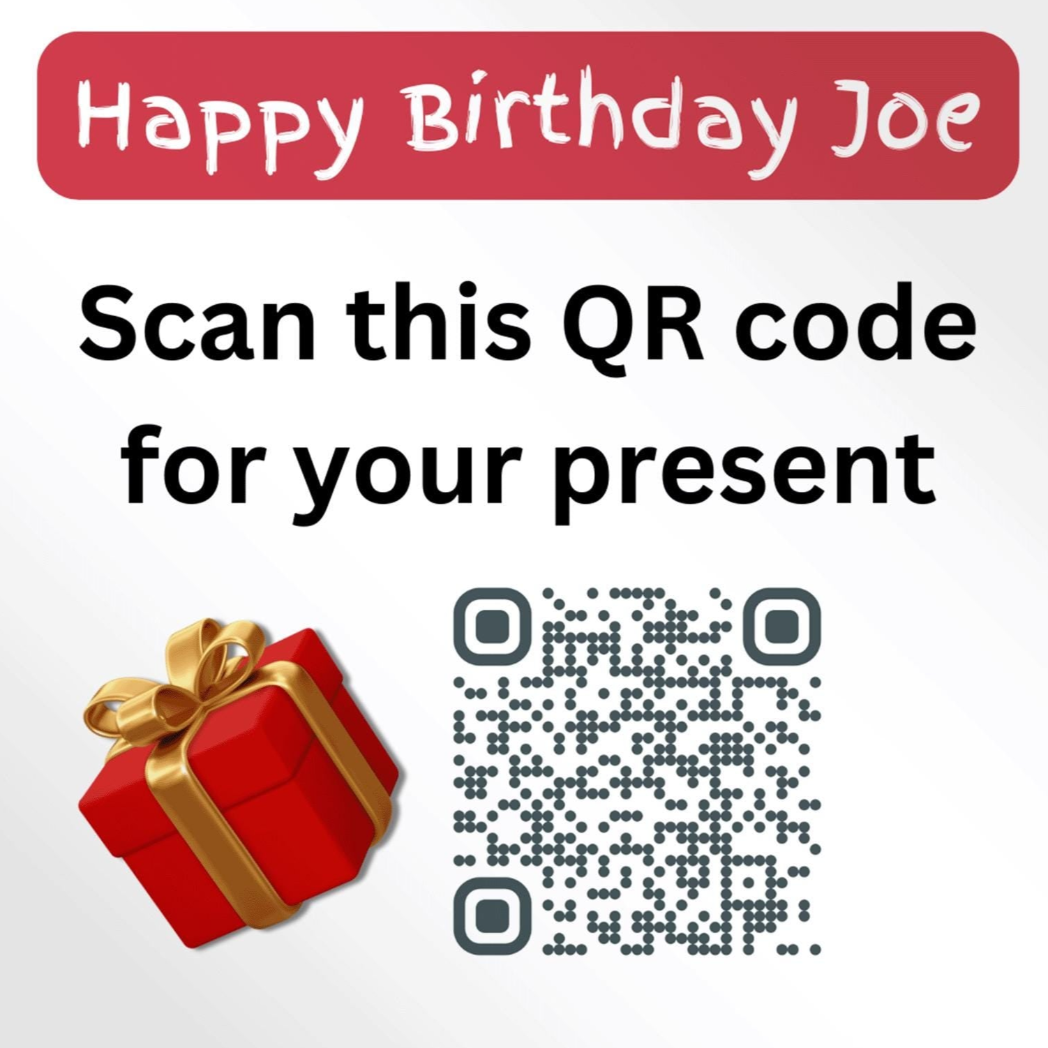 Birthday card, personalised name,  fake present QR code