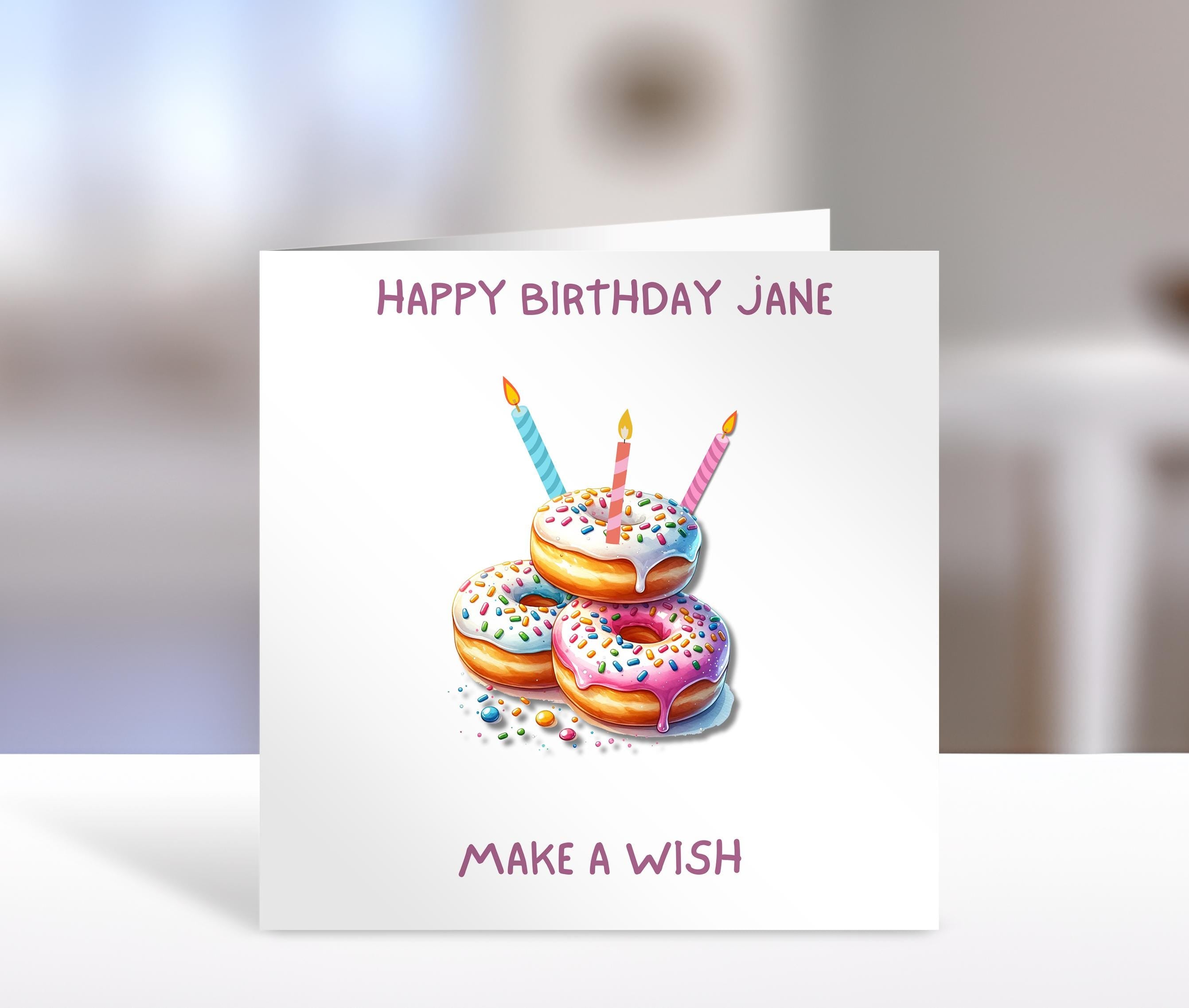 Birthday card, personalised name, Doughnut design, humorous greeting cards