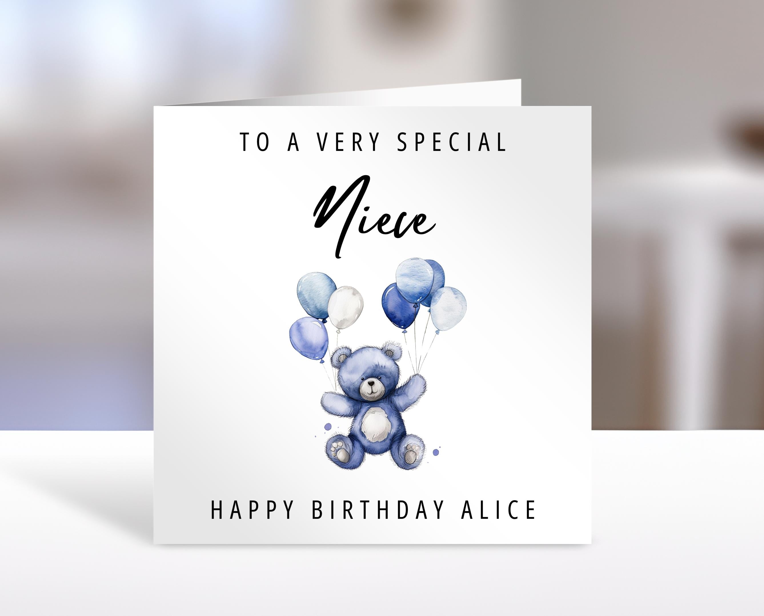 Personalised Niece birthday card, balloons and teddy | niece Gift | greeting Cards | birthday card for Niece