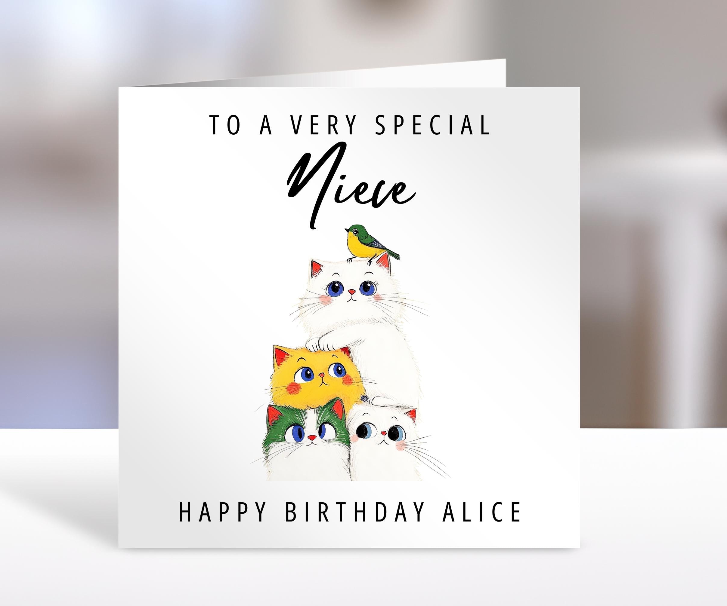 Personalised Niece birthday card, cats and bird | niece Gift | greeting Cards | birthday card for Niece