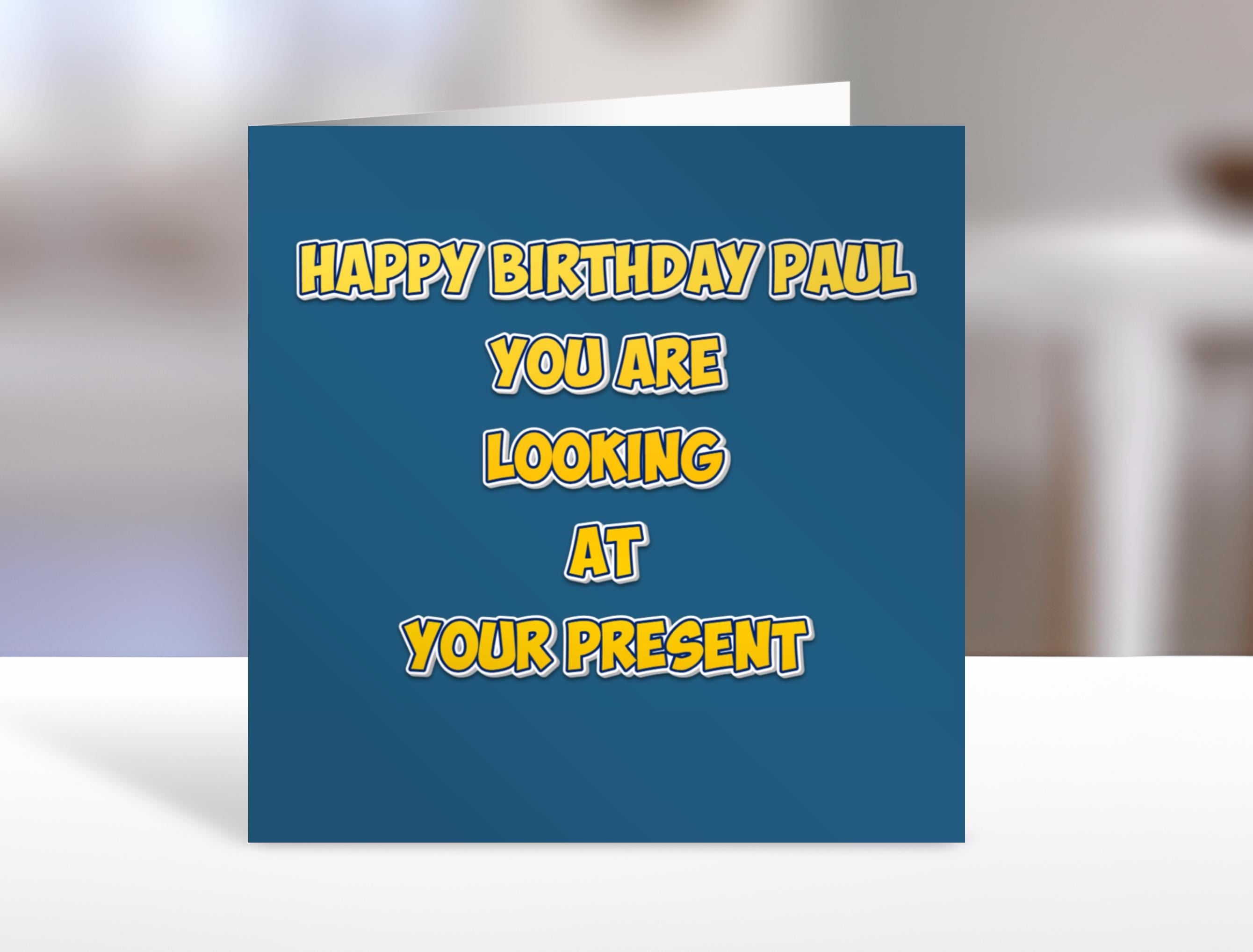 Personalised Birthday card , looking at your present, humorous greeting cards