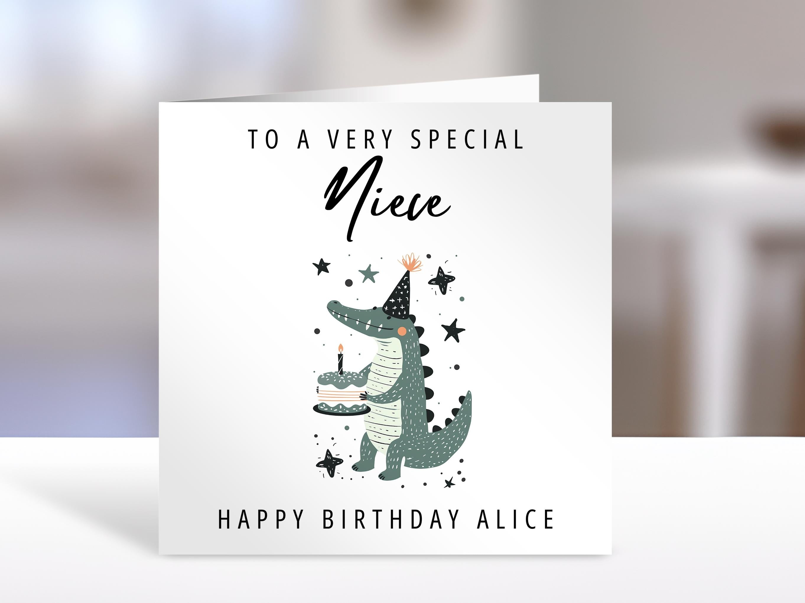 Personalised Niece birthday card, croc and cake | niece Gift | greeting Cards | birthday card for Niece