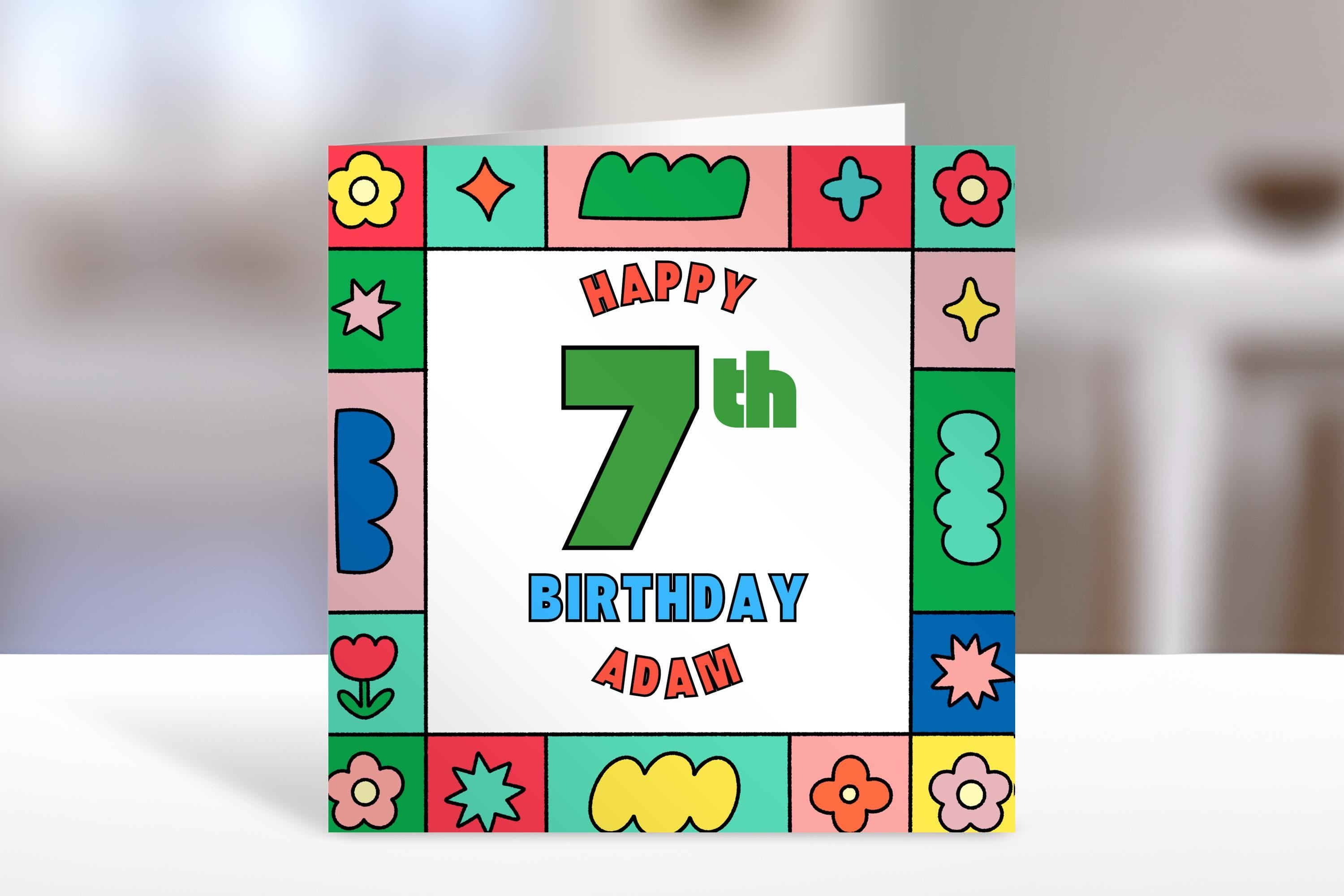 Personalised 7th birthday card, colours, child Gift