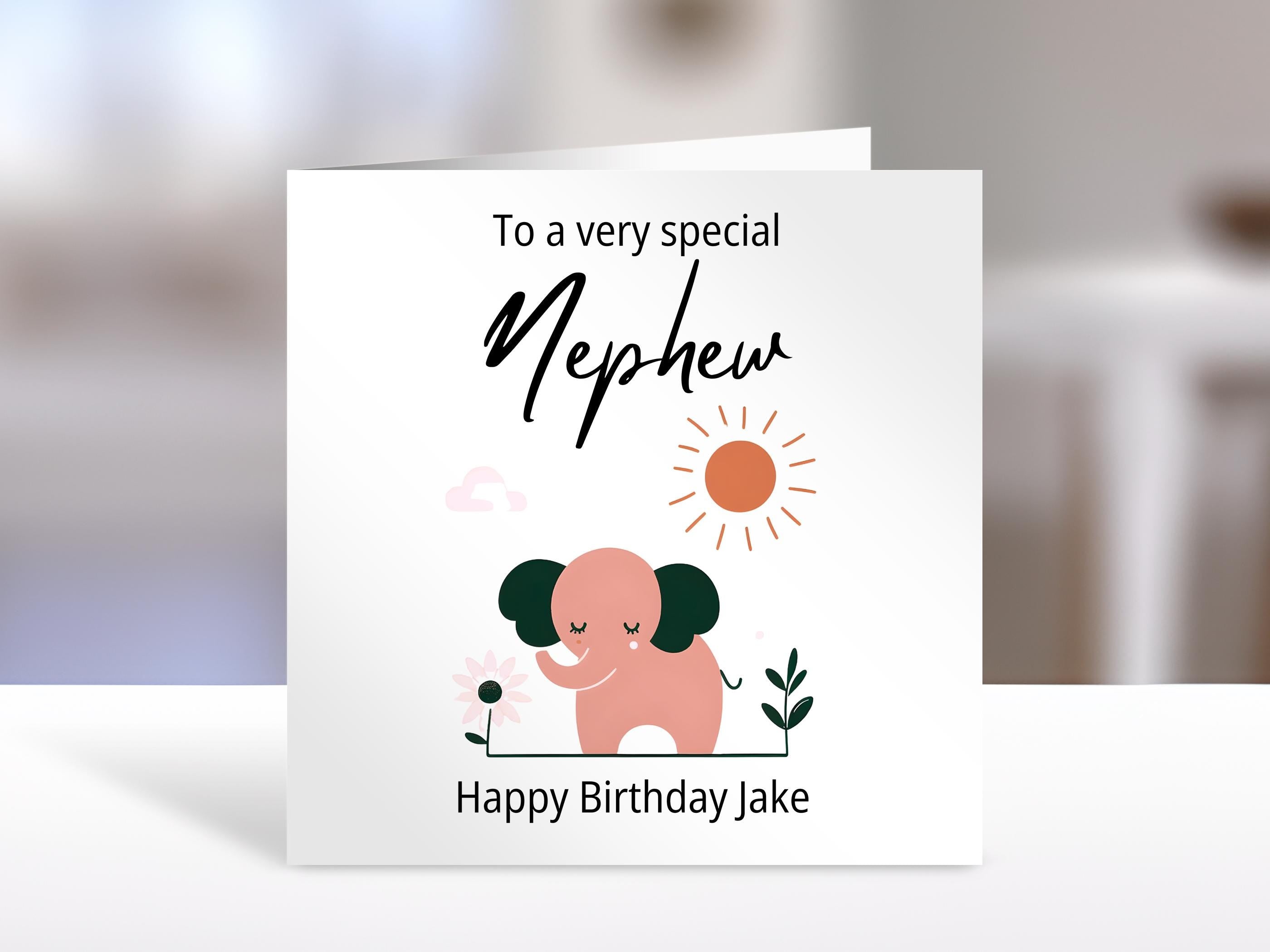 Personalised Birthday Card for Nephew - Cute Elephant Design Greeting Card, Boys Birthday Wishes Gift