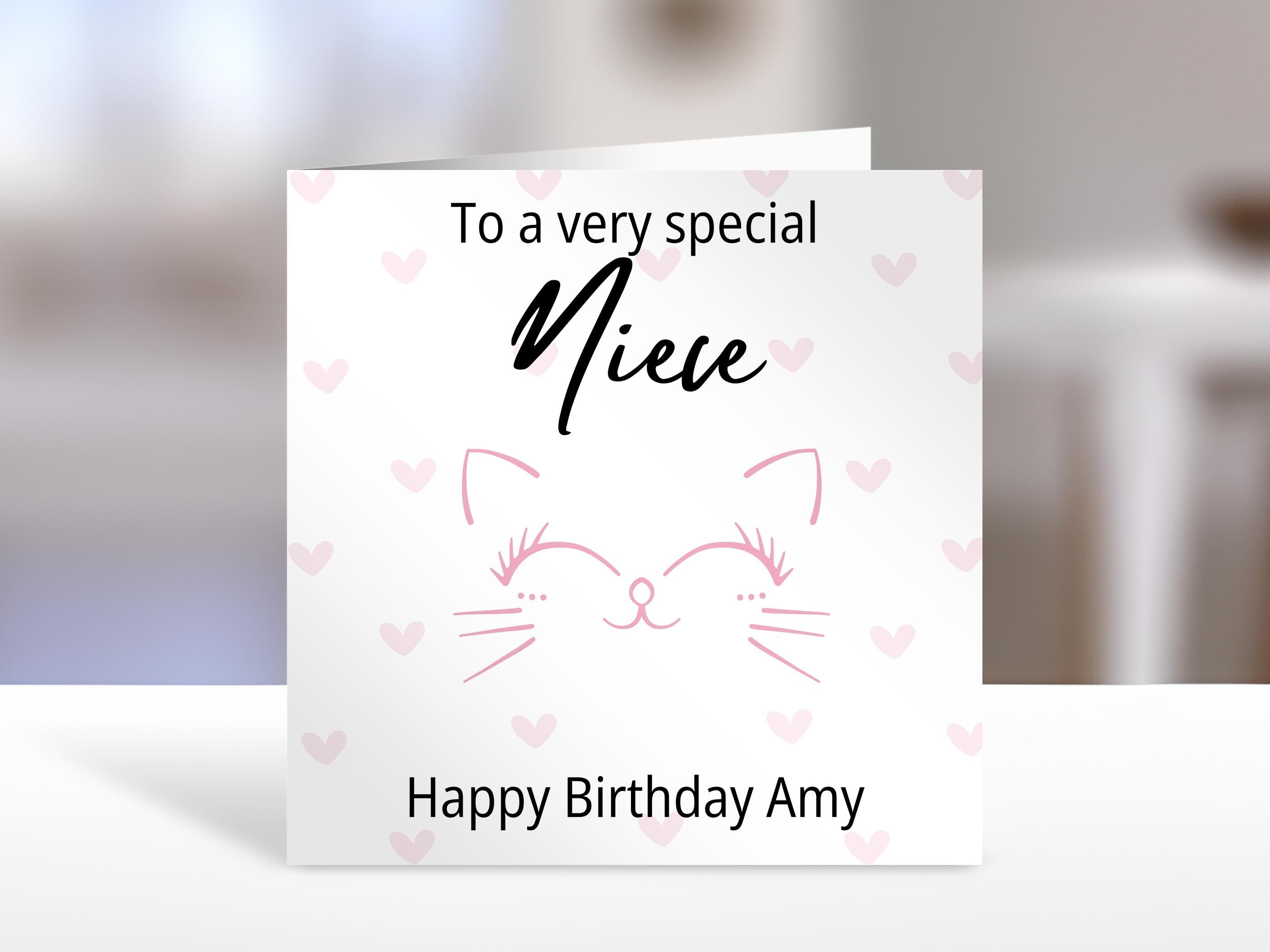 Personalised Niece birthday card, cat and hearts | niece Gift | greeting Cards | birthday card for Niece