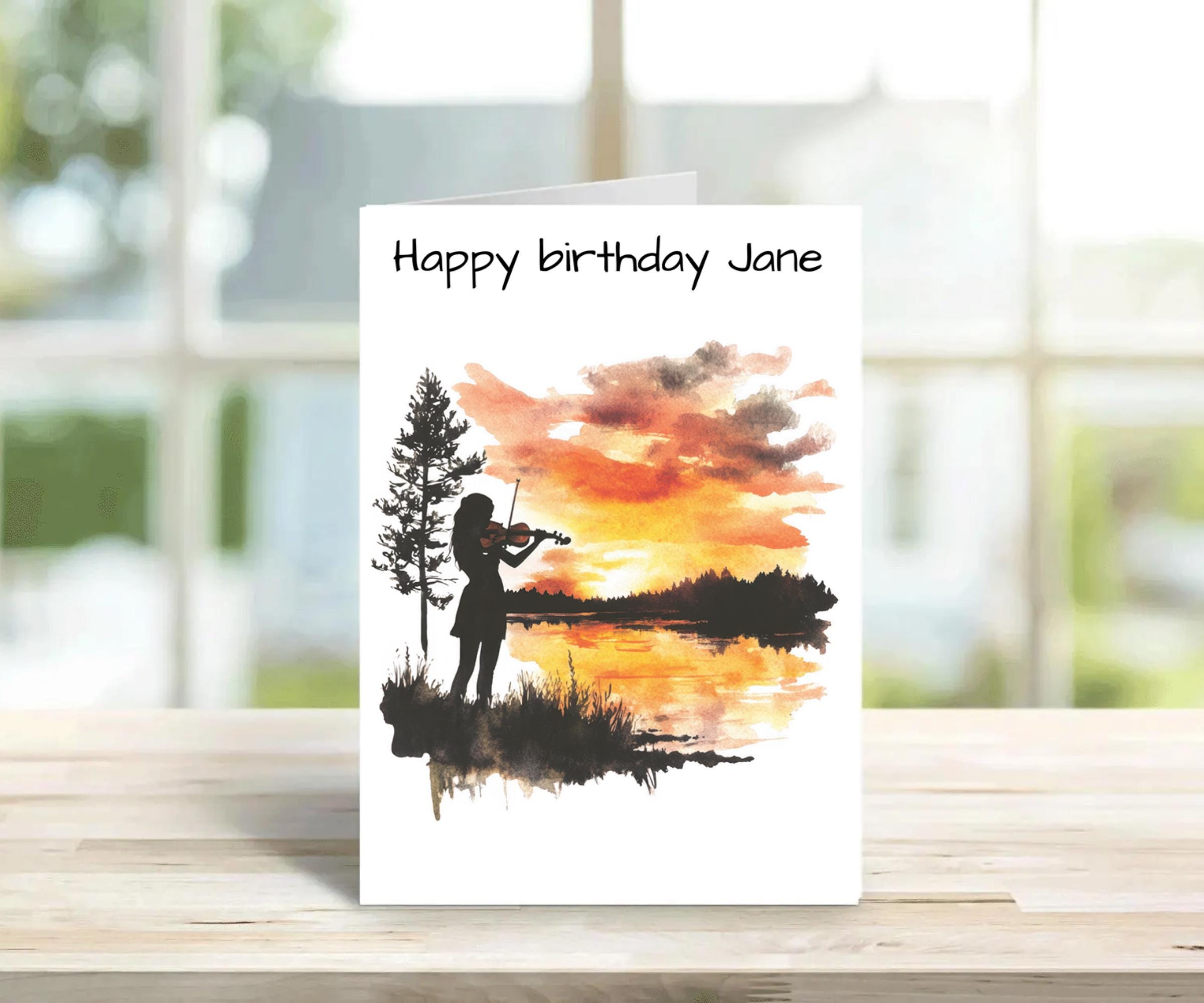Birthday Card, friend birthday, violin sunset design Personalised Greeting Card