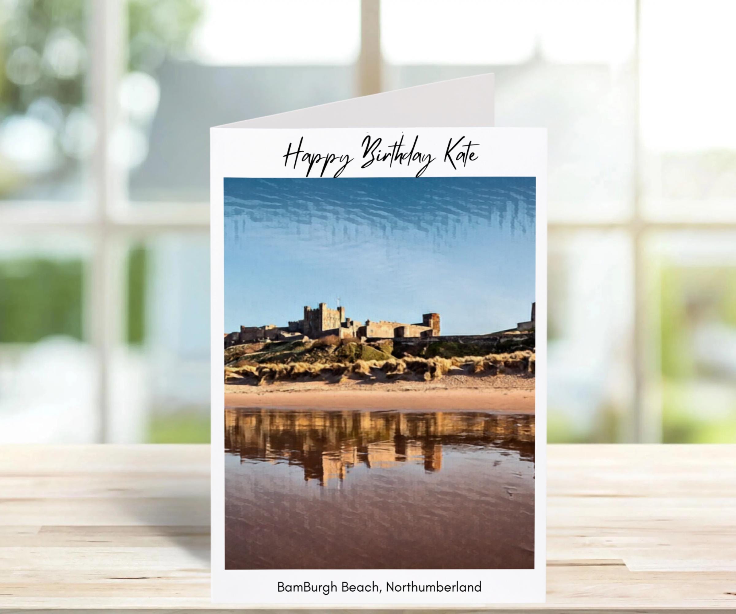 Bamburgh Beach Birthday Card -Traditional, sketch | Greeting Cards | Birthday Gift Idea for friends, town and city card, Northumberland