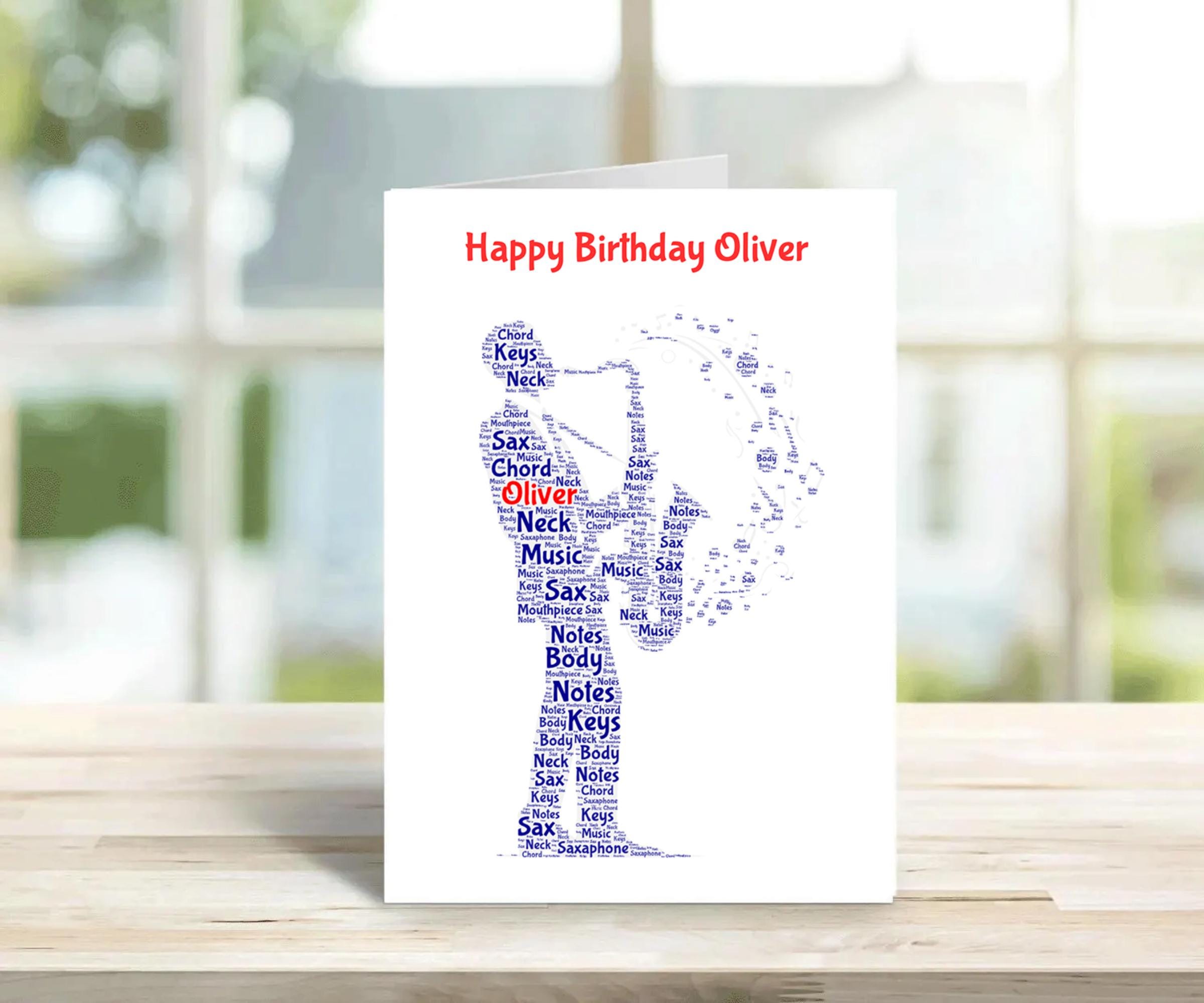 Saxophone Personalised Birthday Card, male version