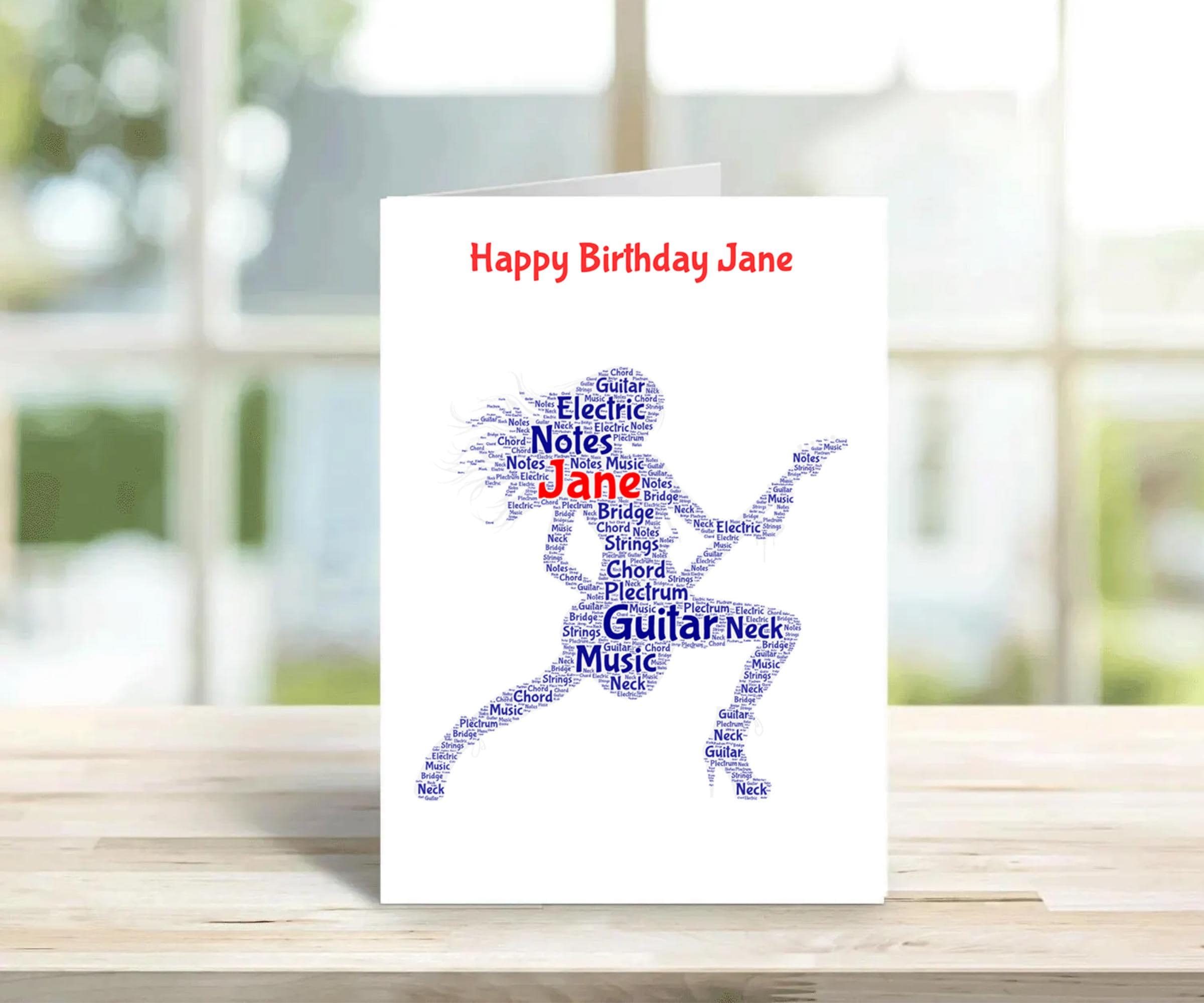 Guitar Personalised Birthday Card, female version