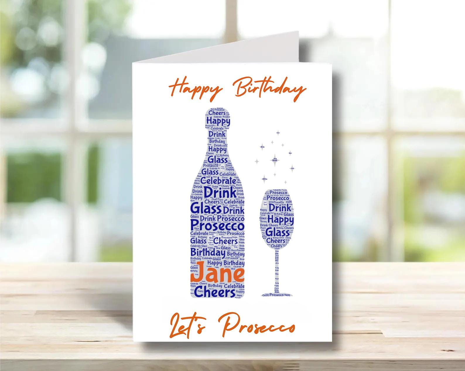 Prosecco Birthday Card | Custom name, word art style | Unique Gift for friends and family