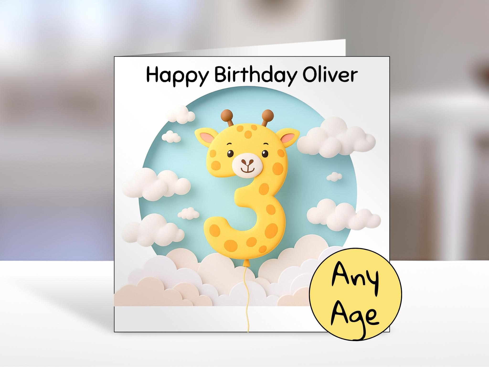 Giraffe Birthday Card with Balloon Age | Personalised Kids Greeting Card for Any Age Gift