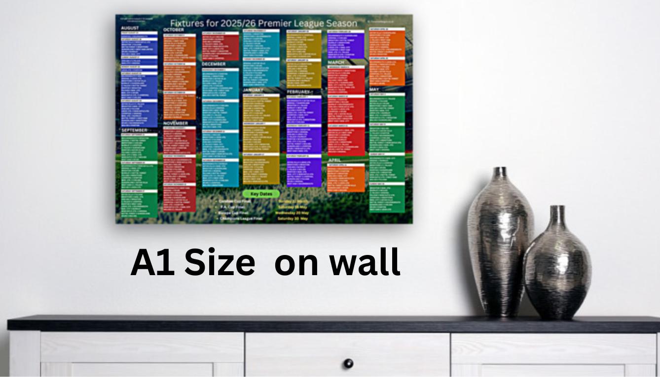 Fixtures wall chart, 2025/26 Premier League football season, A1, A2 or A3 sized