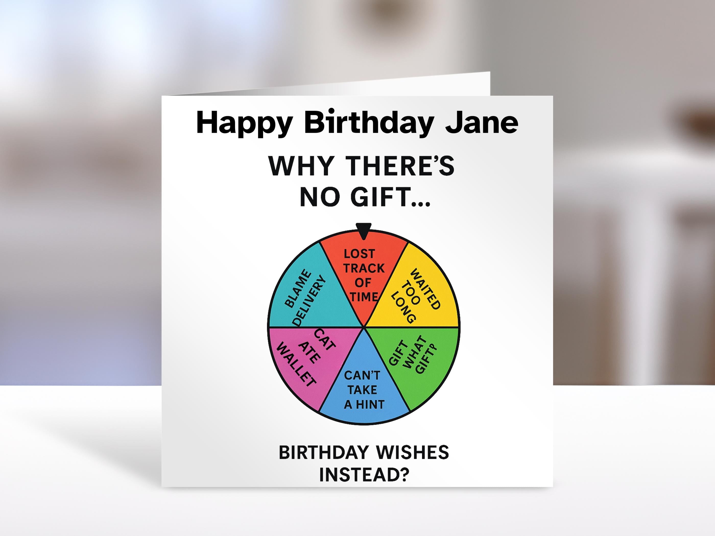 Gift Birthday Card, excuses wheel | Personalised humorous card for friends, family