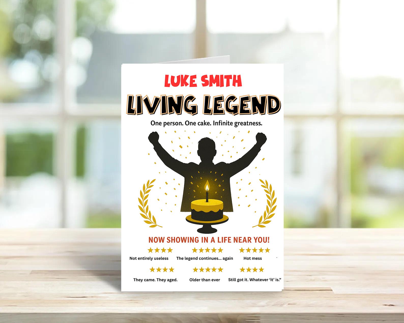 Personalised Birthday Card for Him – Funny Movie Parody Poster Design – Unique Living Legend Male Greeting Card