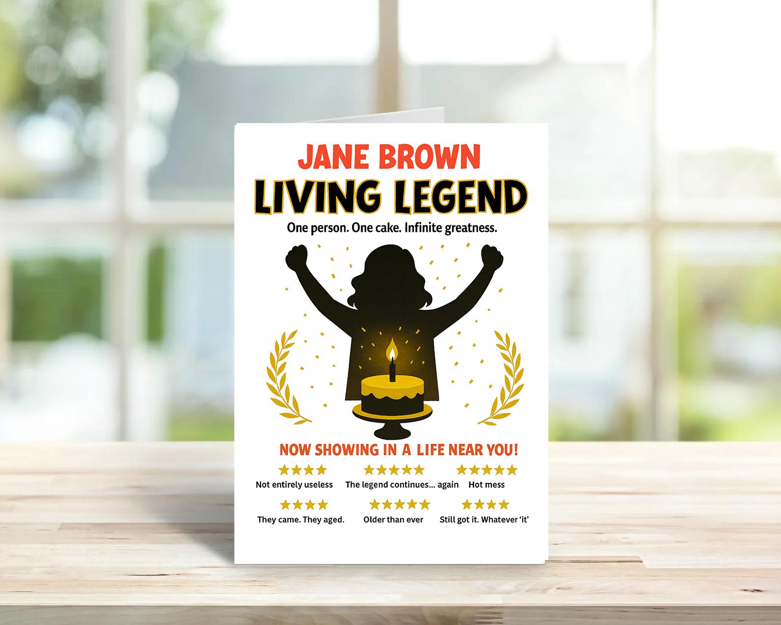 Funny Birthday Card for Her – Living Legend Movie Poster Parody, Unique Humorous Greeting Card Gift
