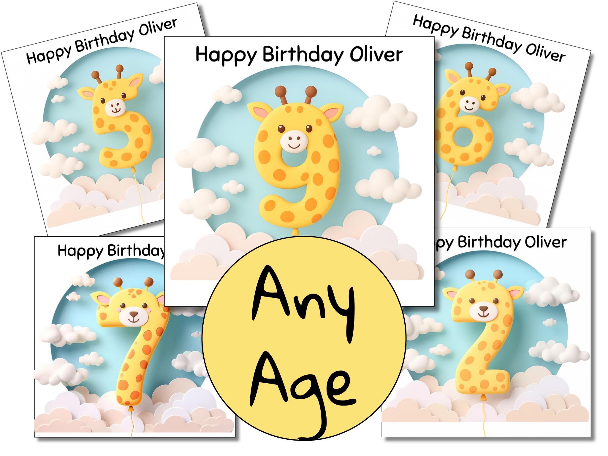 Giraffe Birthday Card with Balloon Age | Personalised Kids Greeting Card for Any Age Gift