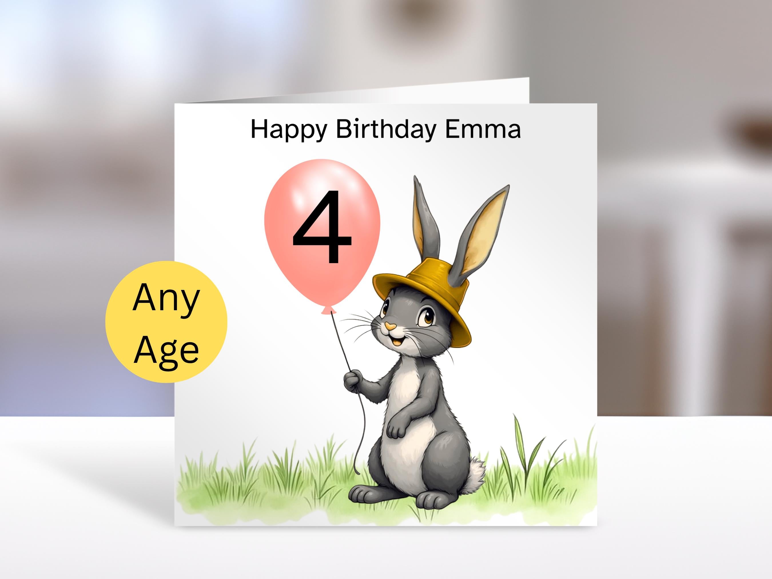 Bunny Birthday Card with Balloon Age | Personalised Kids Greeting Card for Any Age Gift