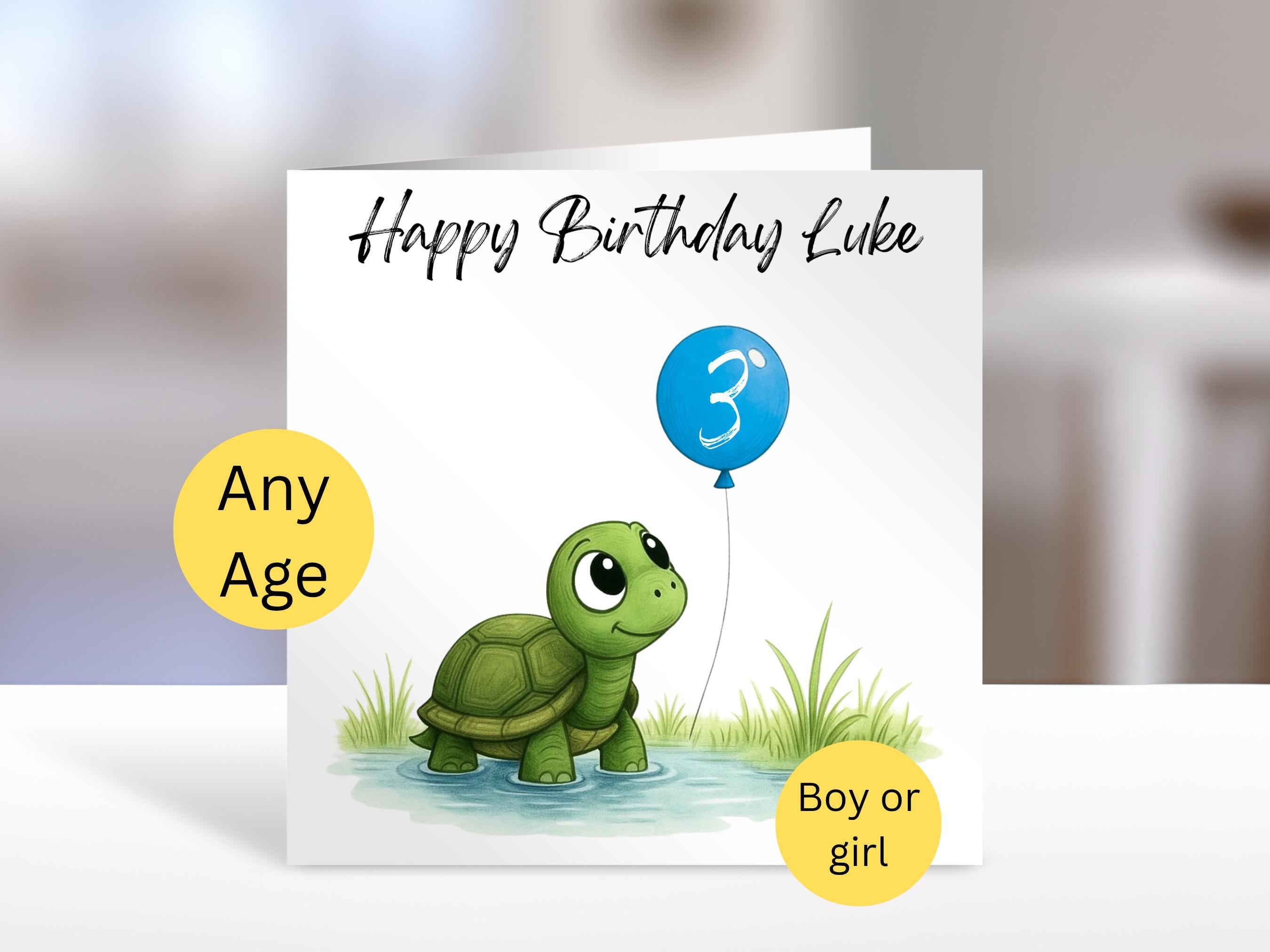 Turtle Birthday Card with Balloon Age | Personalised Kids Greeting Card for Any Age Gift