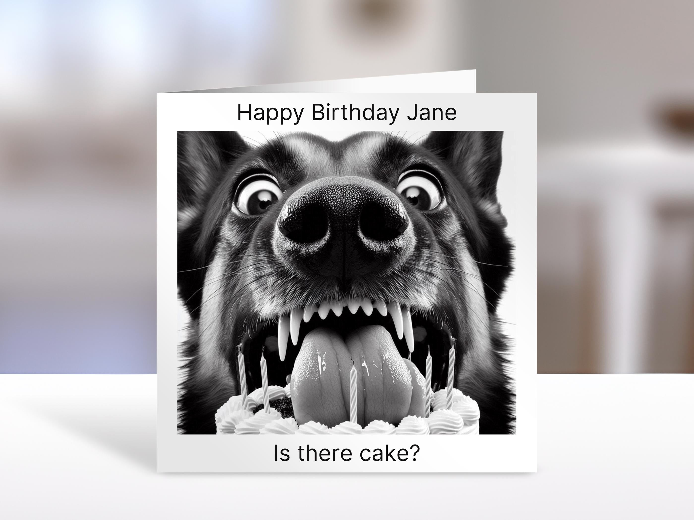 Alsatian Birthday card, ate the cake | humorous greeting Cards | personalised card for friends, family, dog lovers, German Shepherd