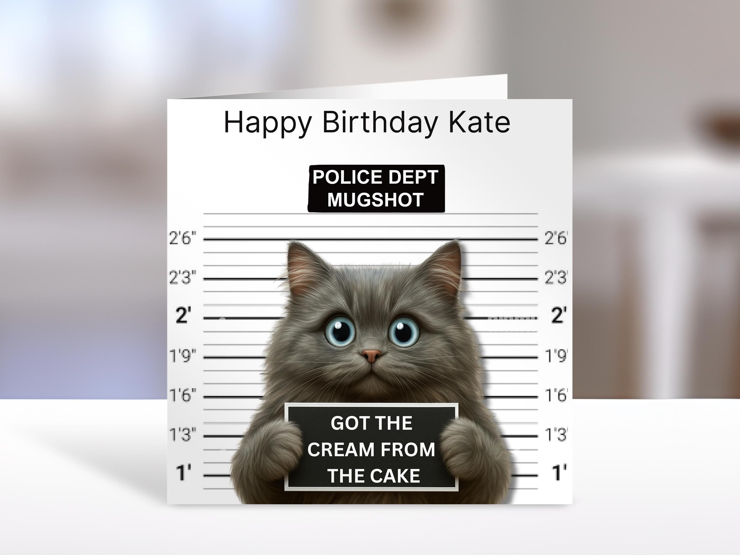 Cat Birthday Card, mugshot | Humorous Personalized Greeting Card for Cat Lovers, Friends & Family – Unique Funny Cat Lover Gift
