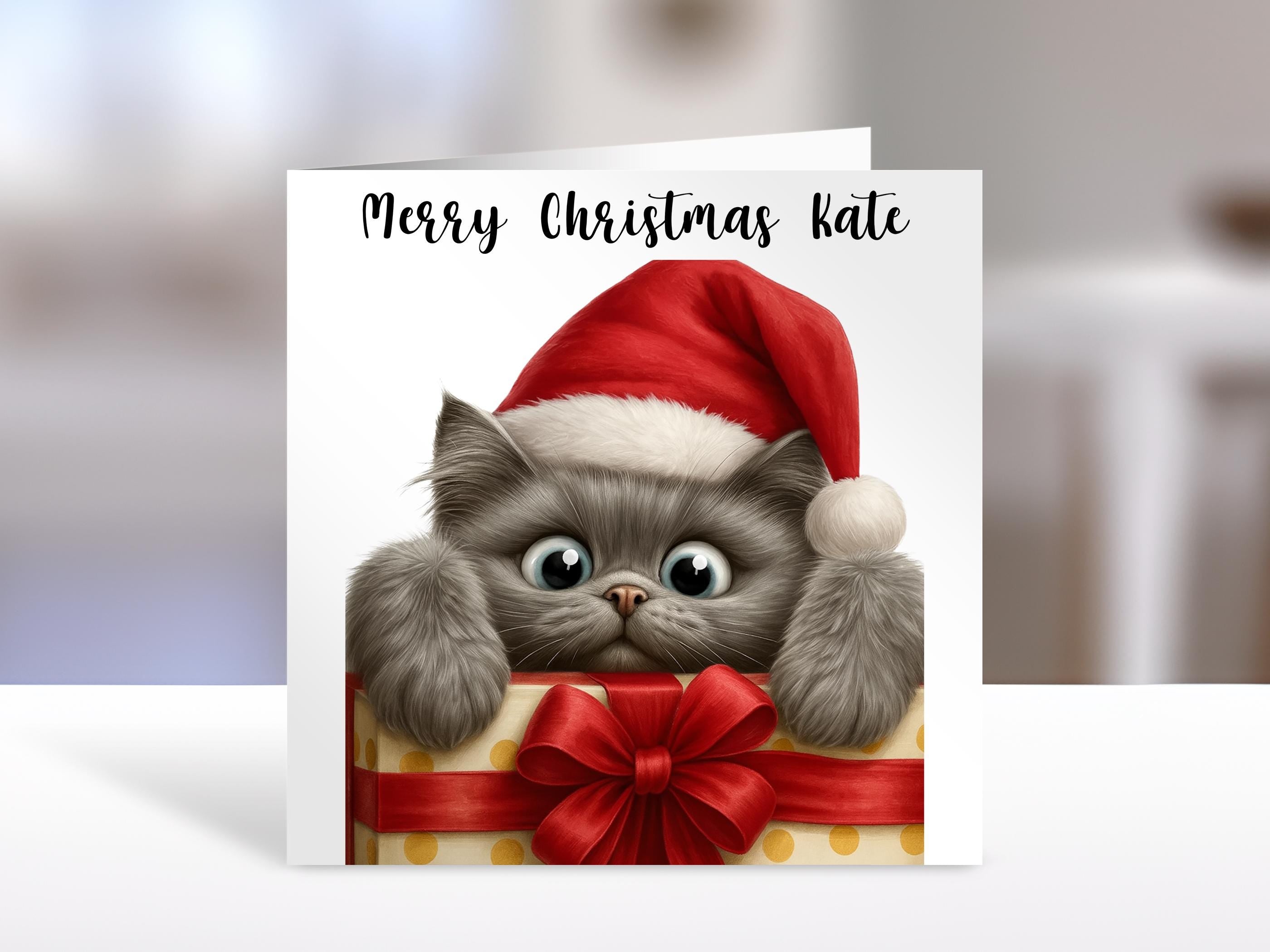 Cat Christmas Card with Festive Santa Hat, Cute Holiday Greeting, Unique Xmas Cat Holiday Card, Seasonal Christmas Decoration