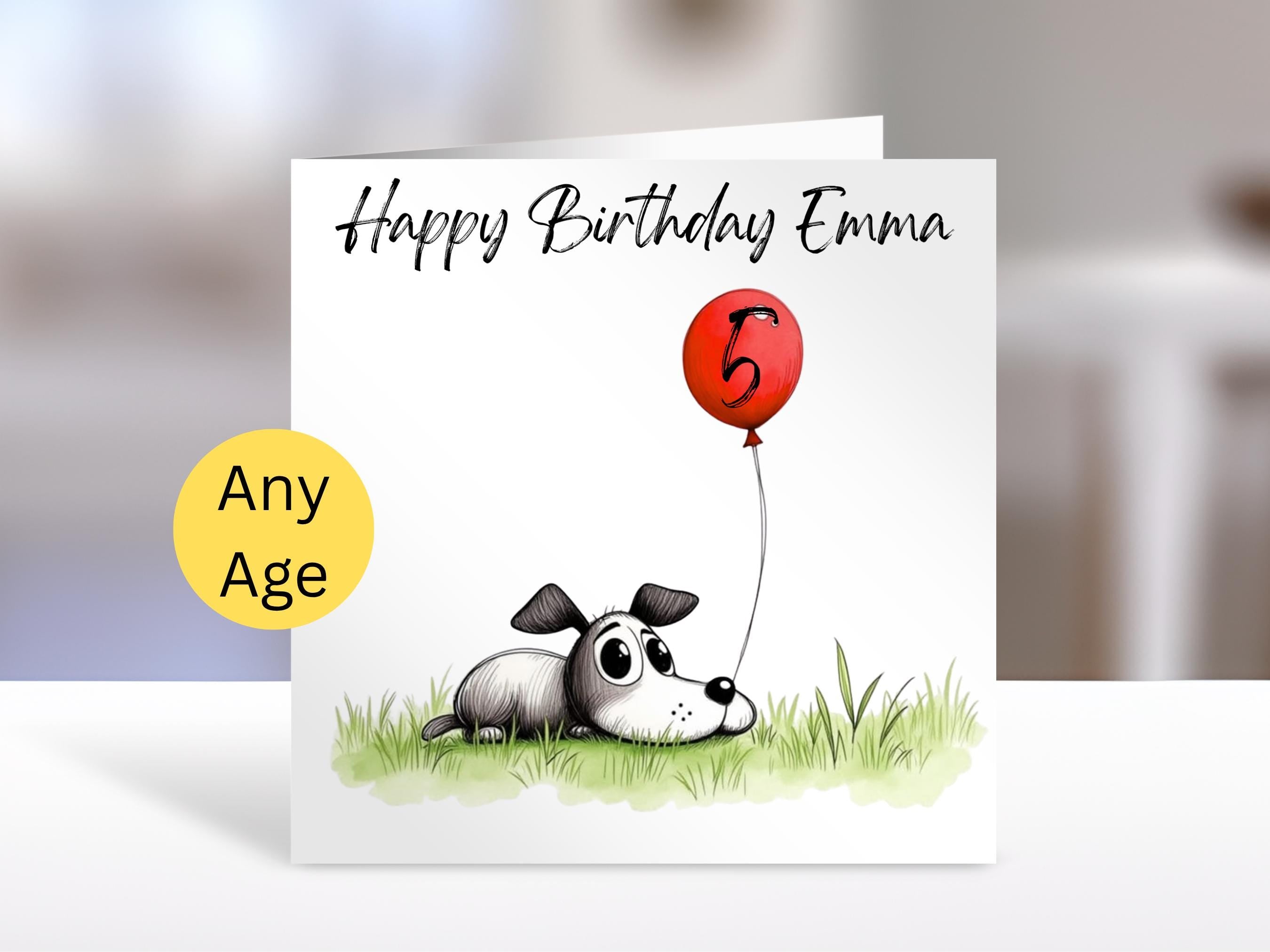 Dog Birthday Card with Balloon Age | Personalised Kids Greeting Card for Any Age Gift