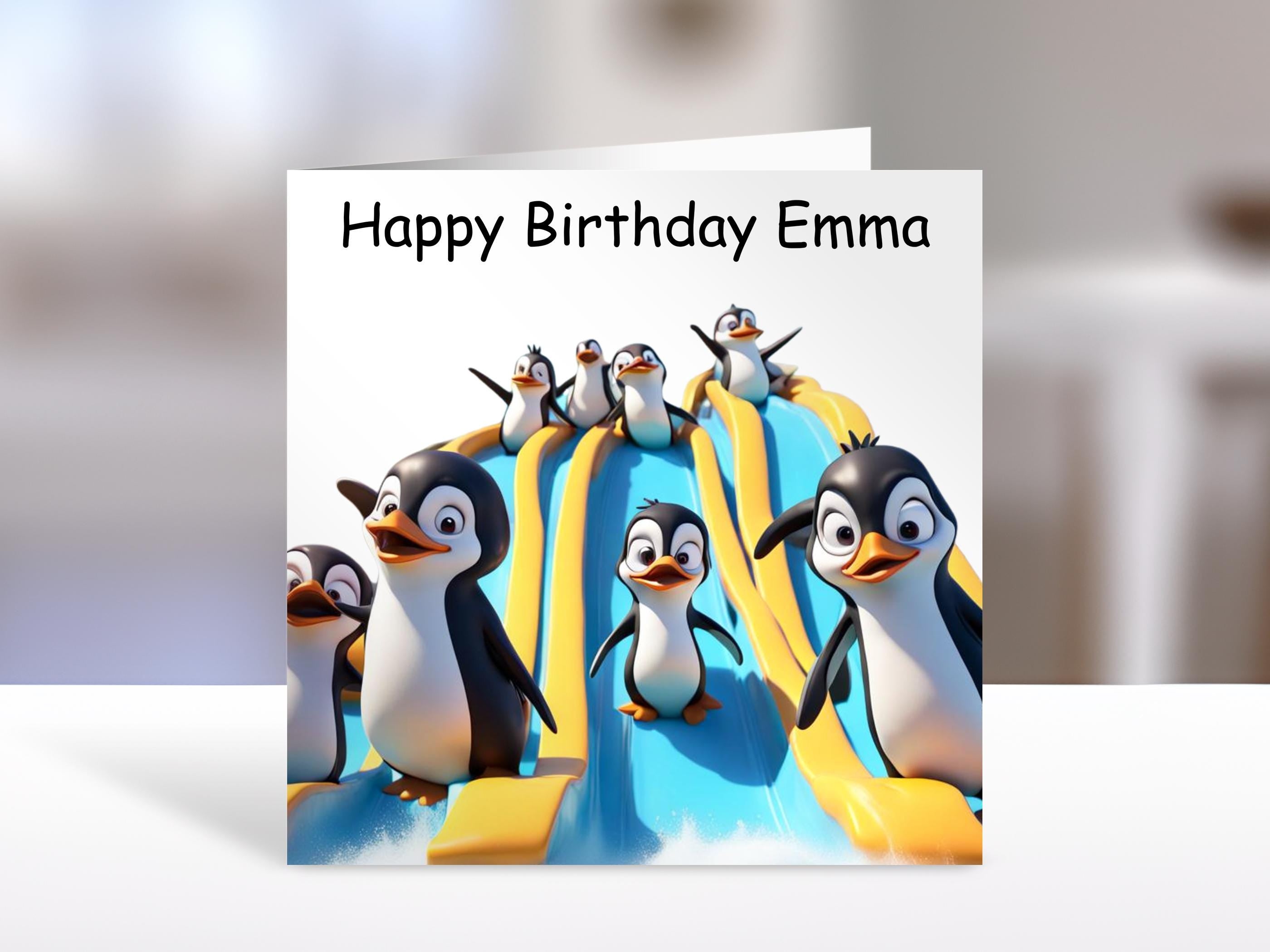 Penguin Birthday Card,water slide | Personalised card for friends, family, kids