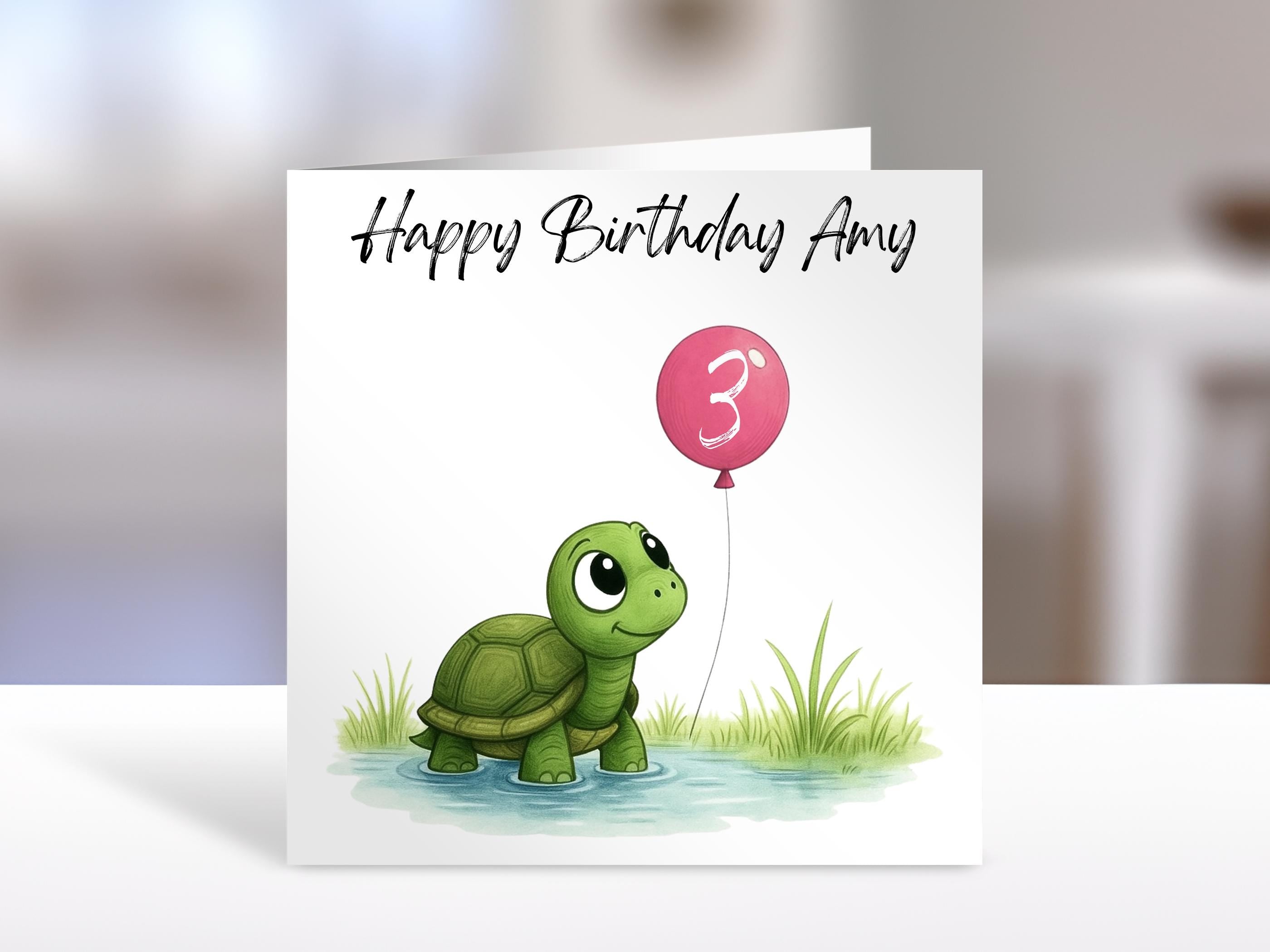Turtle Birthday Card with Balloon Age | Personalised Kids Greeting Card for Any Age Gift
